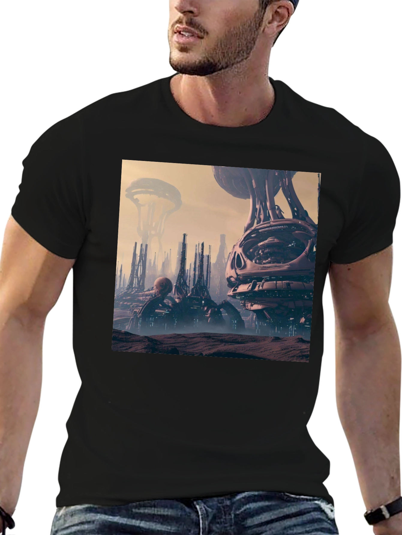 Sci-Fi Cityscape Graphic Tee - Black Cotton Shirt