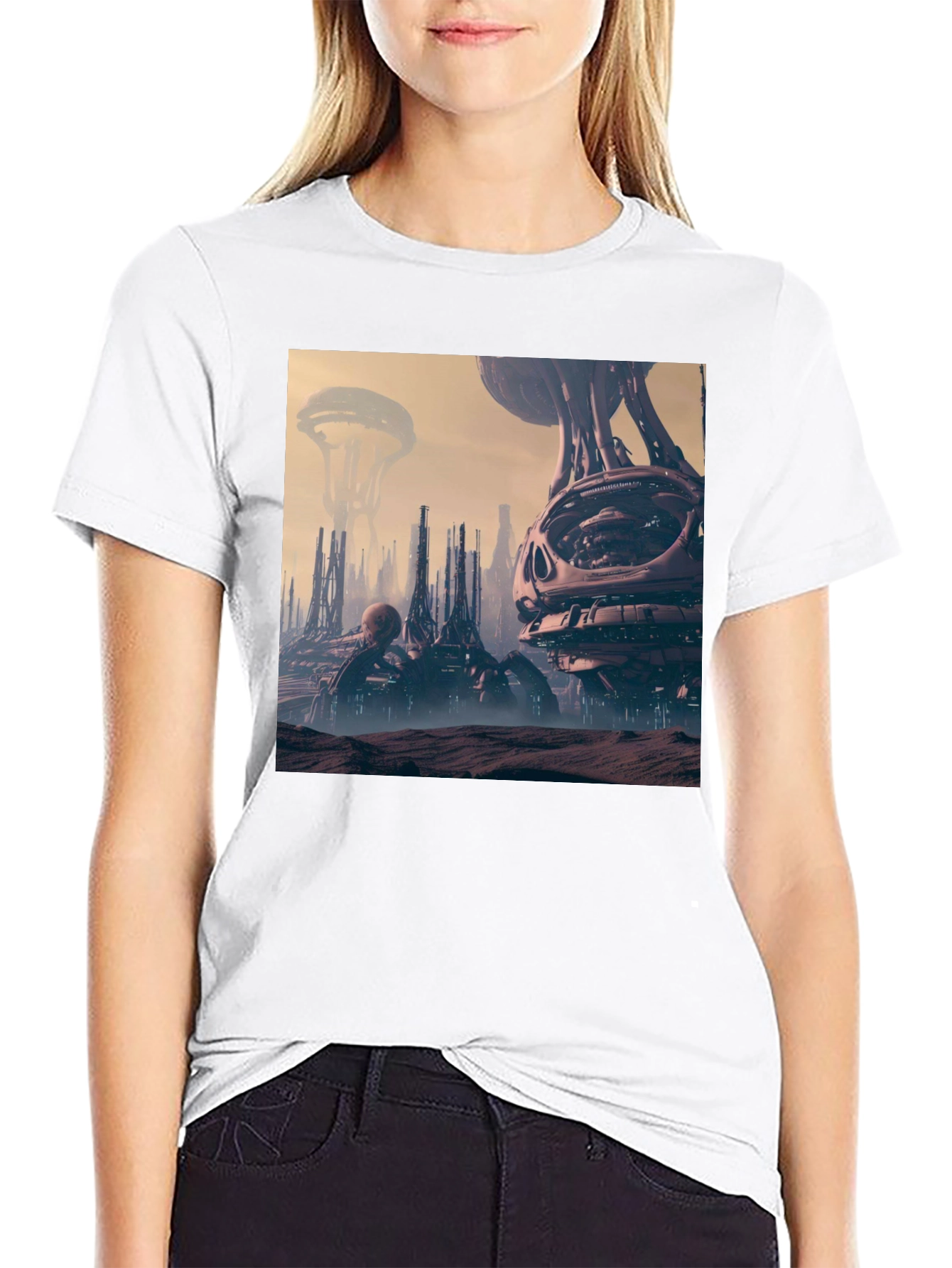Sci-Fi Cityscape Graphic Tee - Black Cotton Shirt