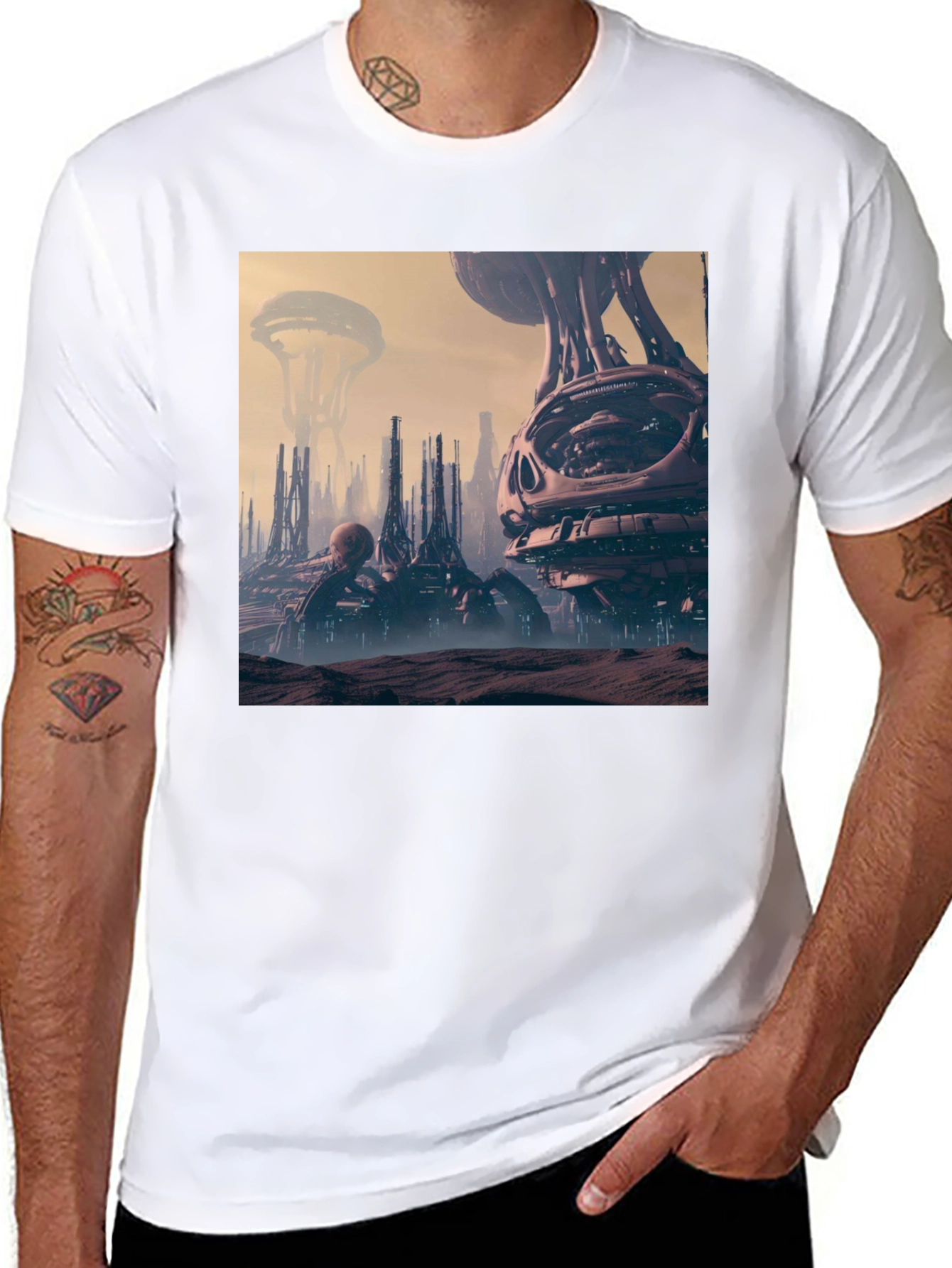 Sci-Fi Cityscape Graphic Tee - Black Cotton Shirt