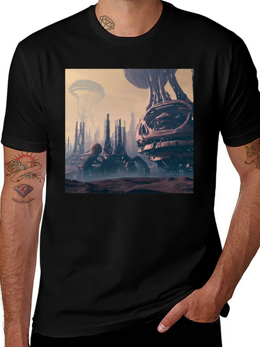 Sci-Fi Cityscape Graphic Tee - Black Cotton Shirt