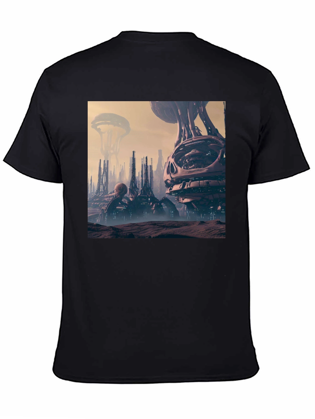 Sci-Fi Cityscape Graphic Tee - Black Cotton Shirt