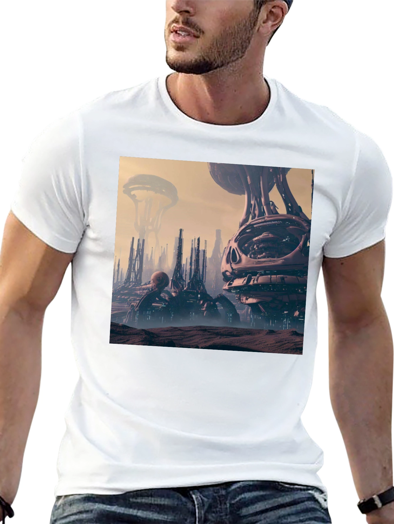 Sci-Fi Cityscape Graphic Tee - Black Cotton Shirt