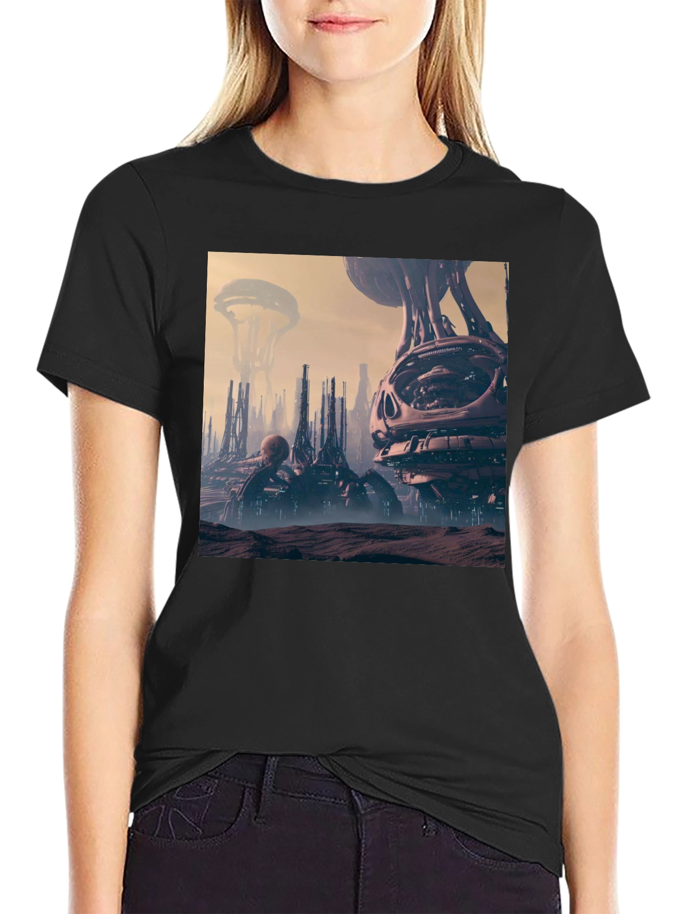 Sci-Fi Cityscape Graphic Tee - Black Cotton Shirt
