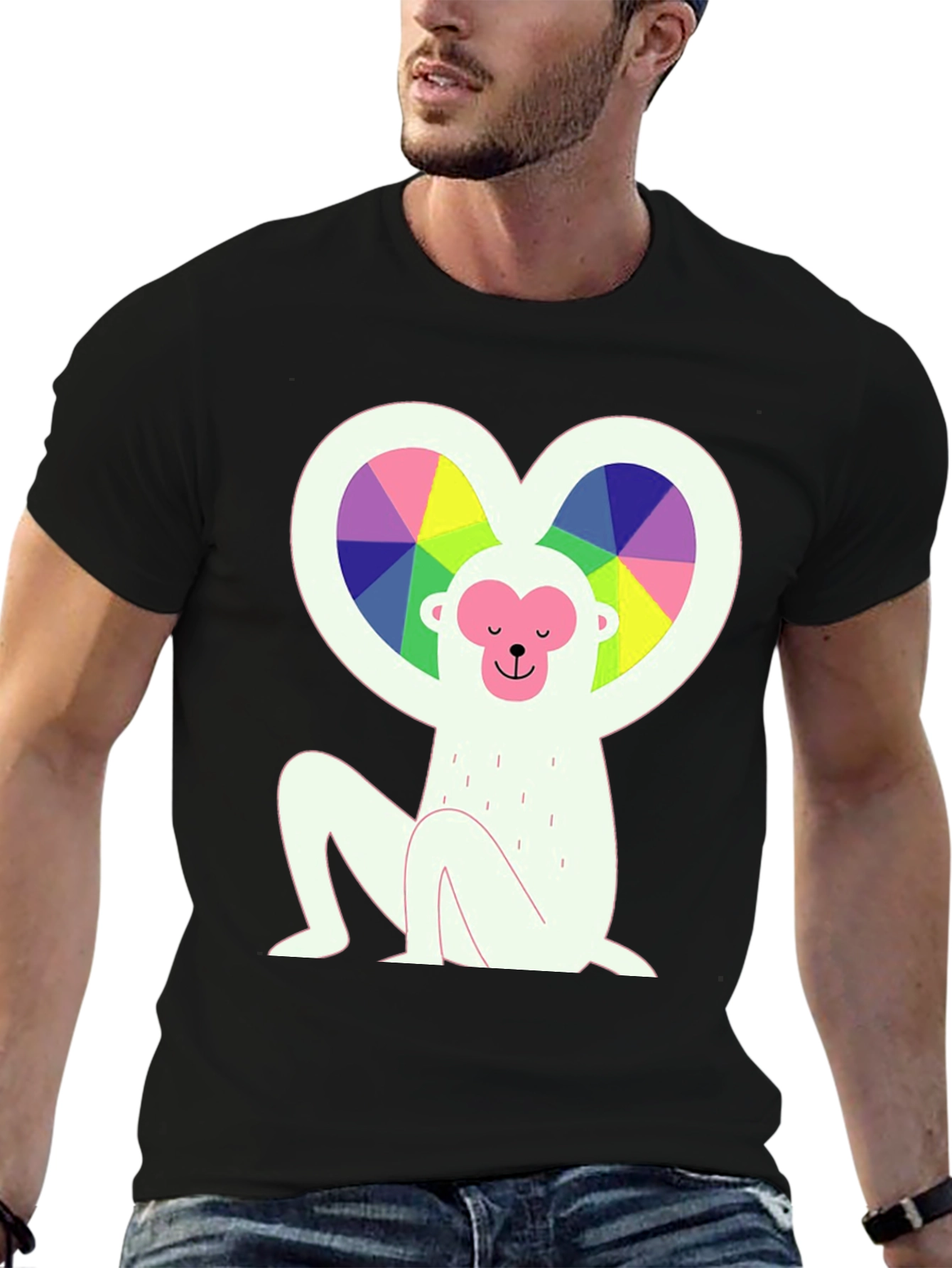 Rainbow Heart Monkey Graphic Tee - Stylish & Unique