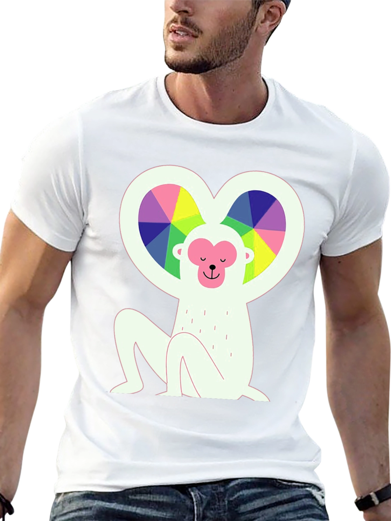Rainbow Heart Monkey Graphic Tee - Stylish & Unique