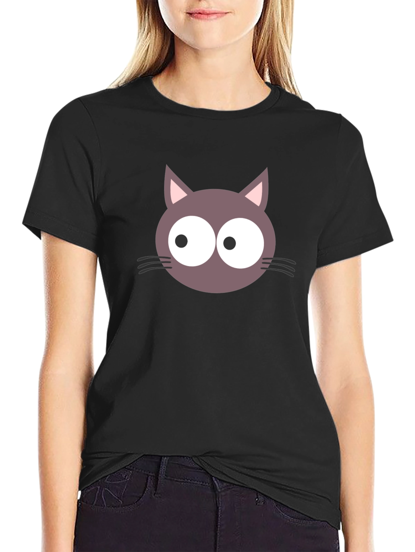 Cartoon Cat Face Graphic T-Shirt - Black
