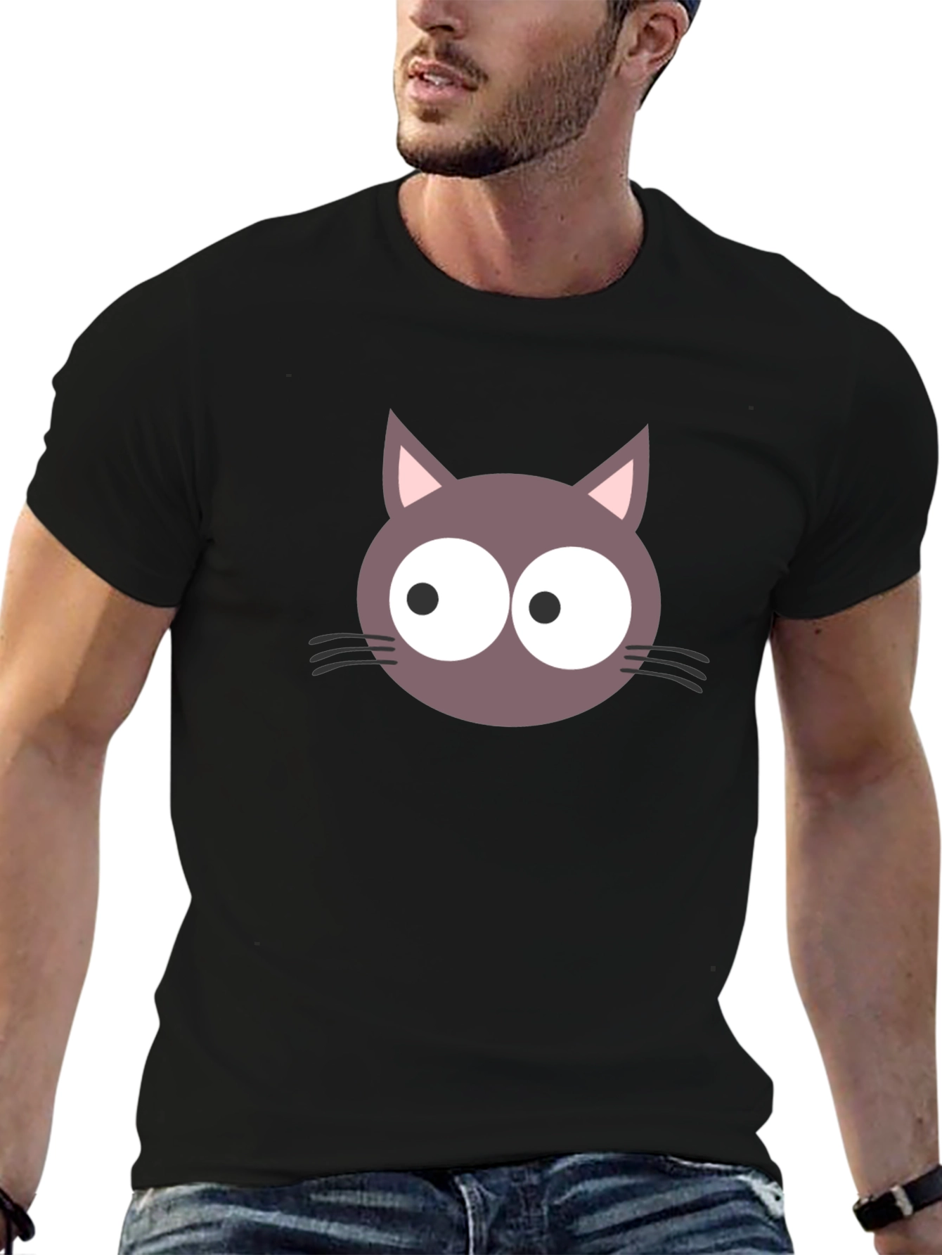 Cartoon Cat Face Graphic T-Shirt - Black