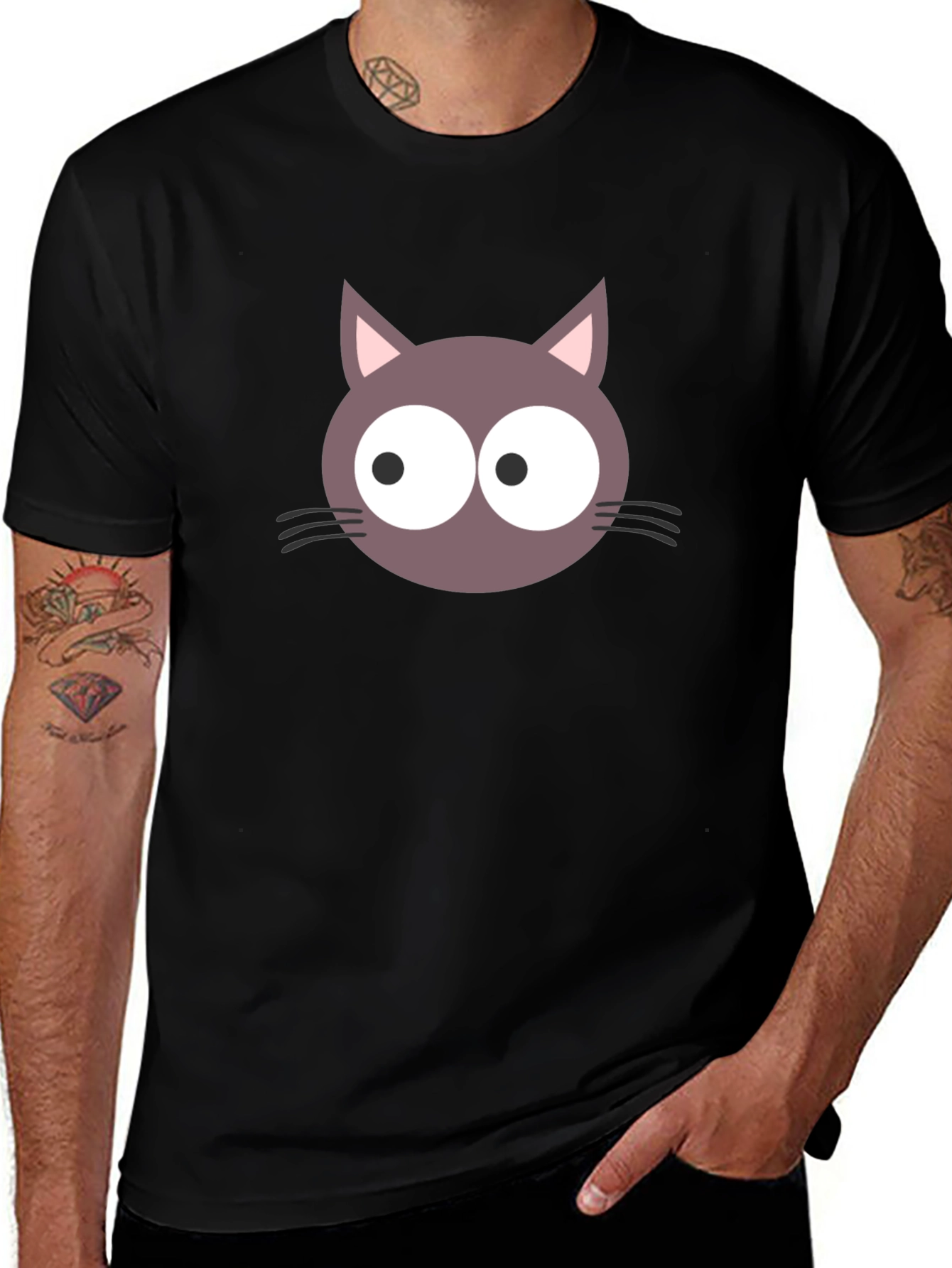 Cartoon Cat Face Graphic T-Shirt - Black