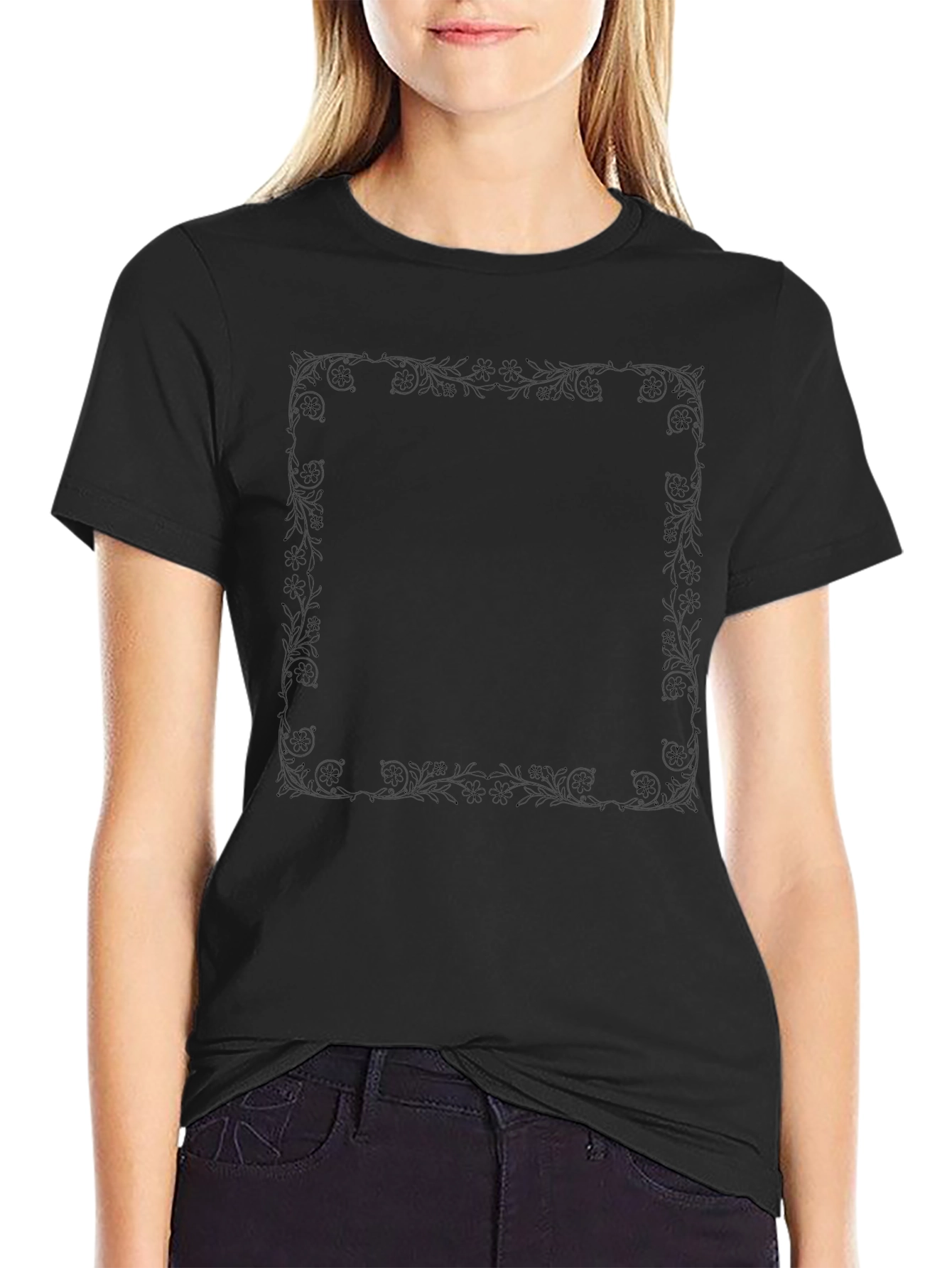 Elegant Black Tee with Floral Border Print