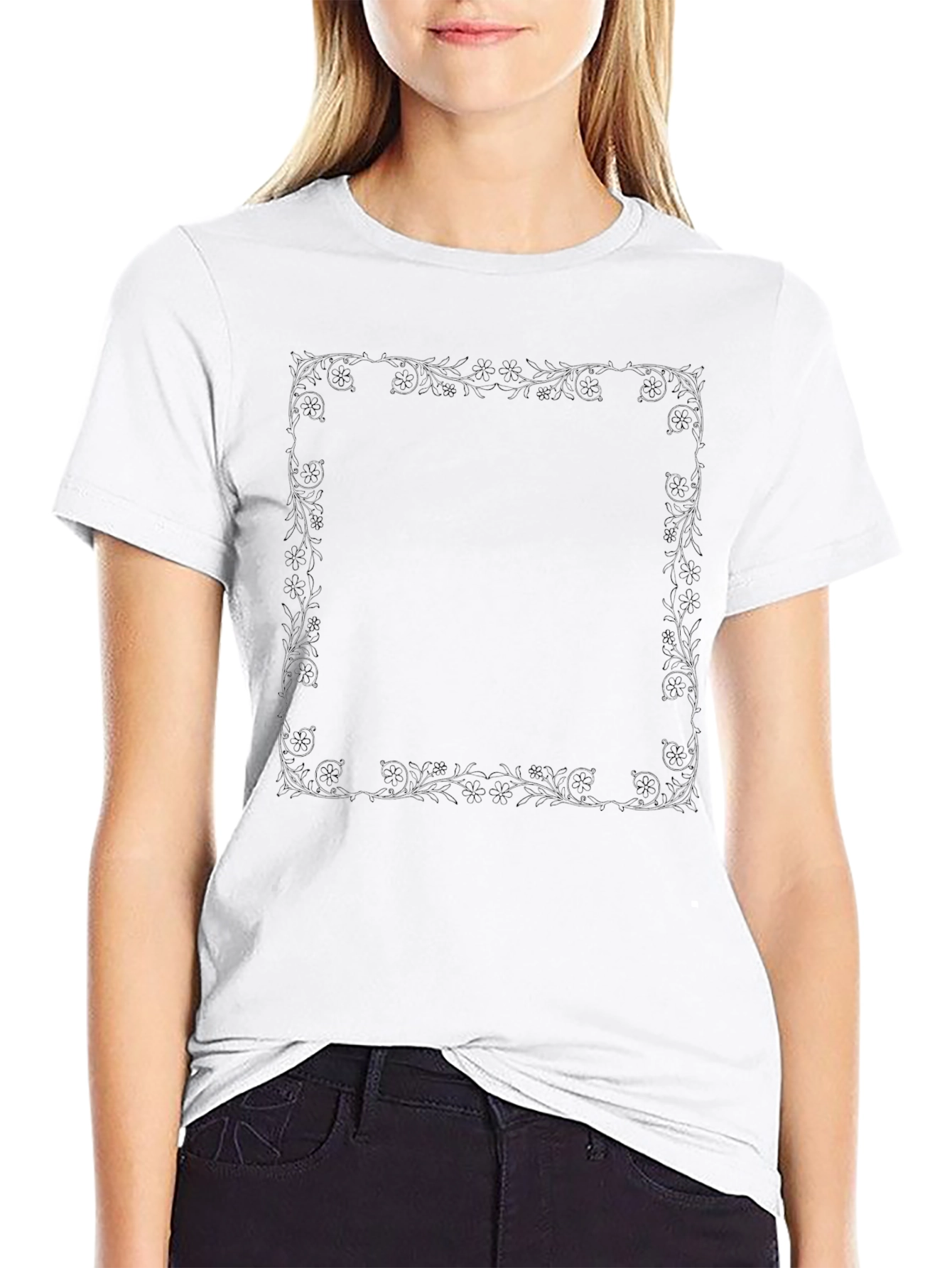 Elegant Black Tee with Floral Border Print