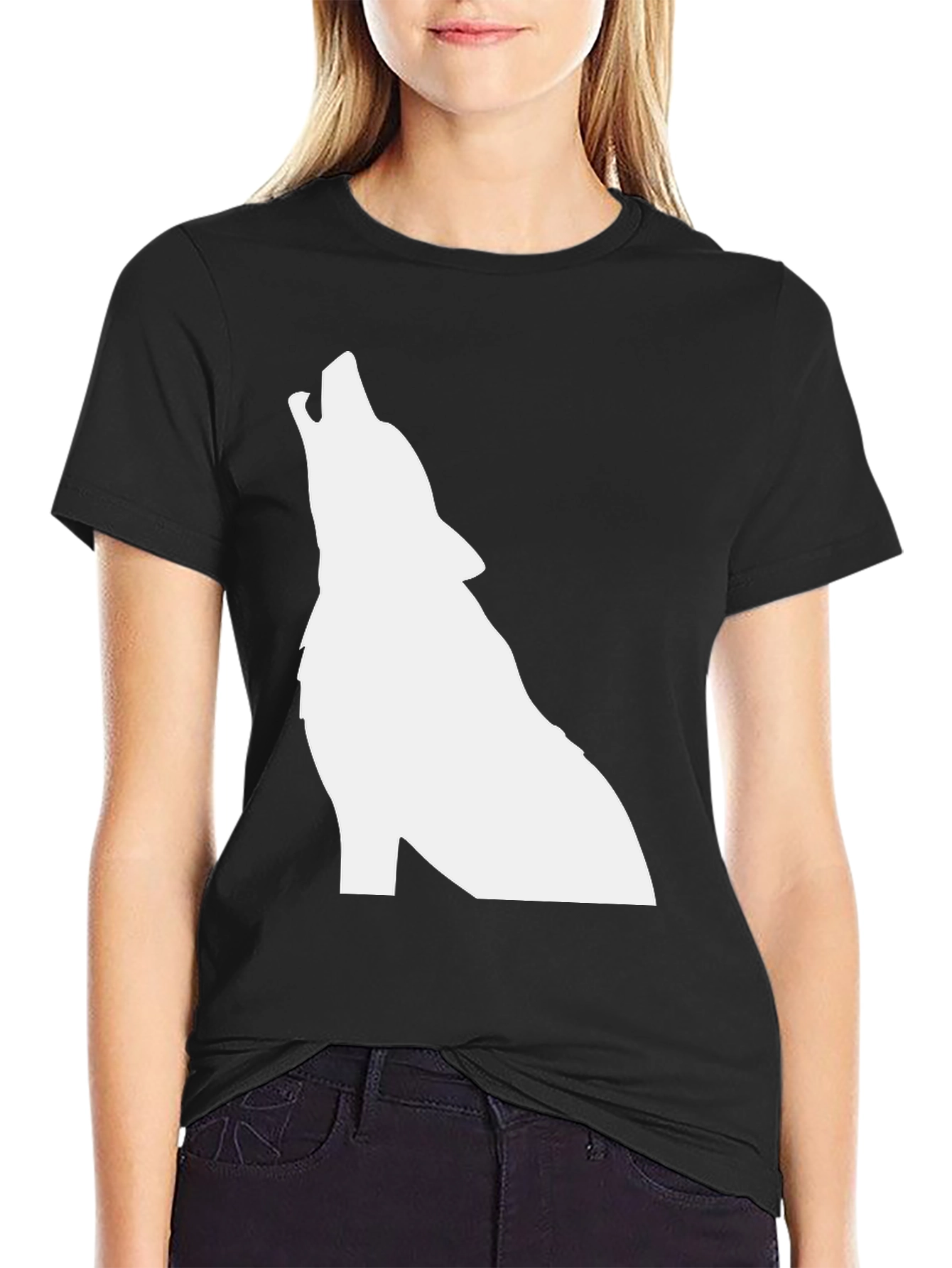 Black T-Shirt with White Wolf Silhouette Graphic