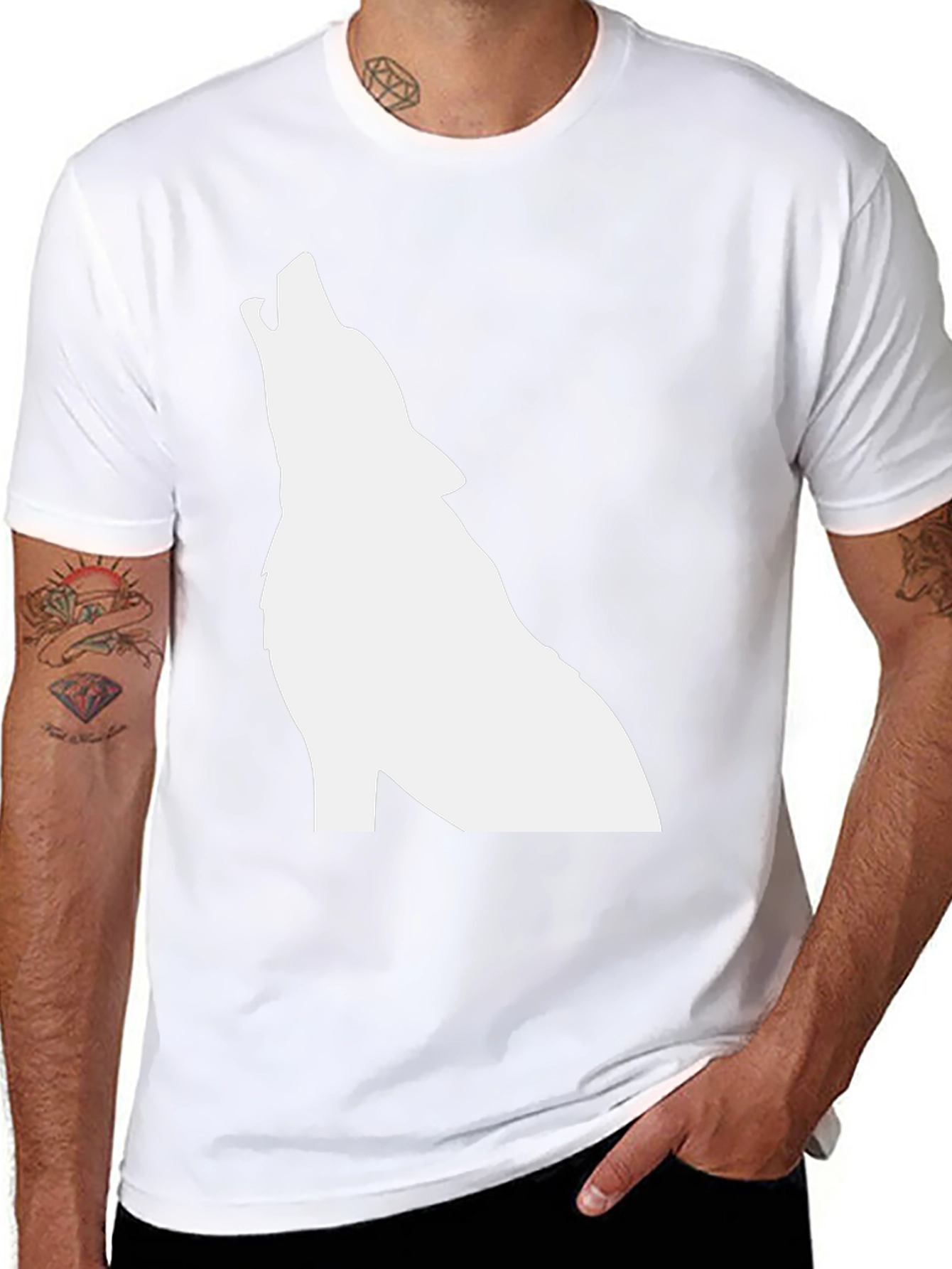 Black T-Shirt with White Wolf Silhouette Graphic