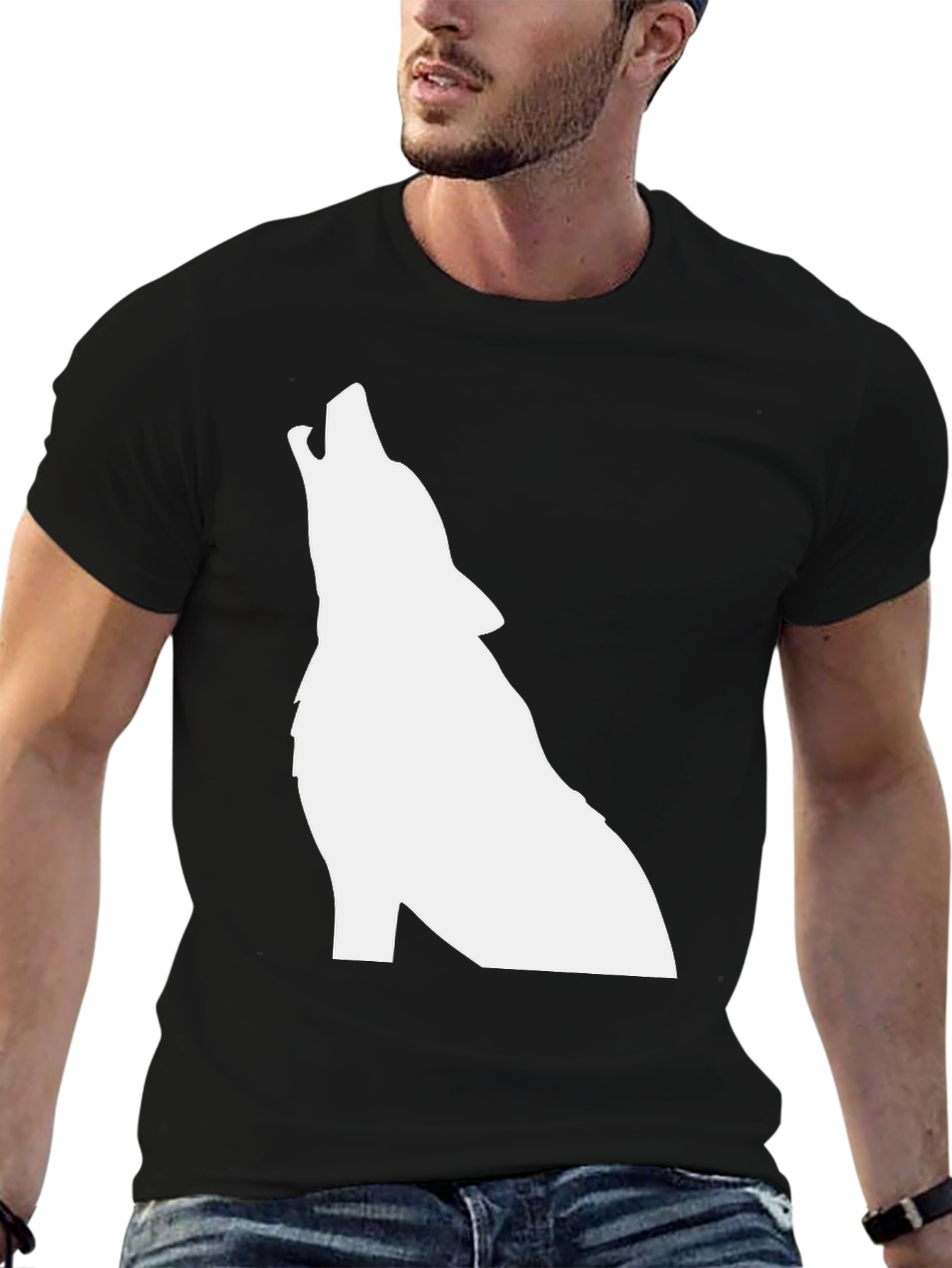 Black T-Shirt with White Wolf Silhouette Graphic