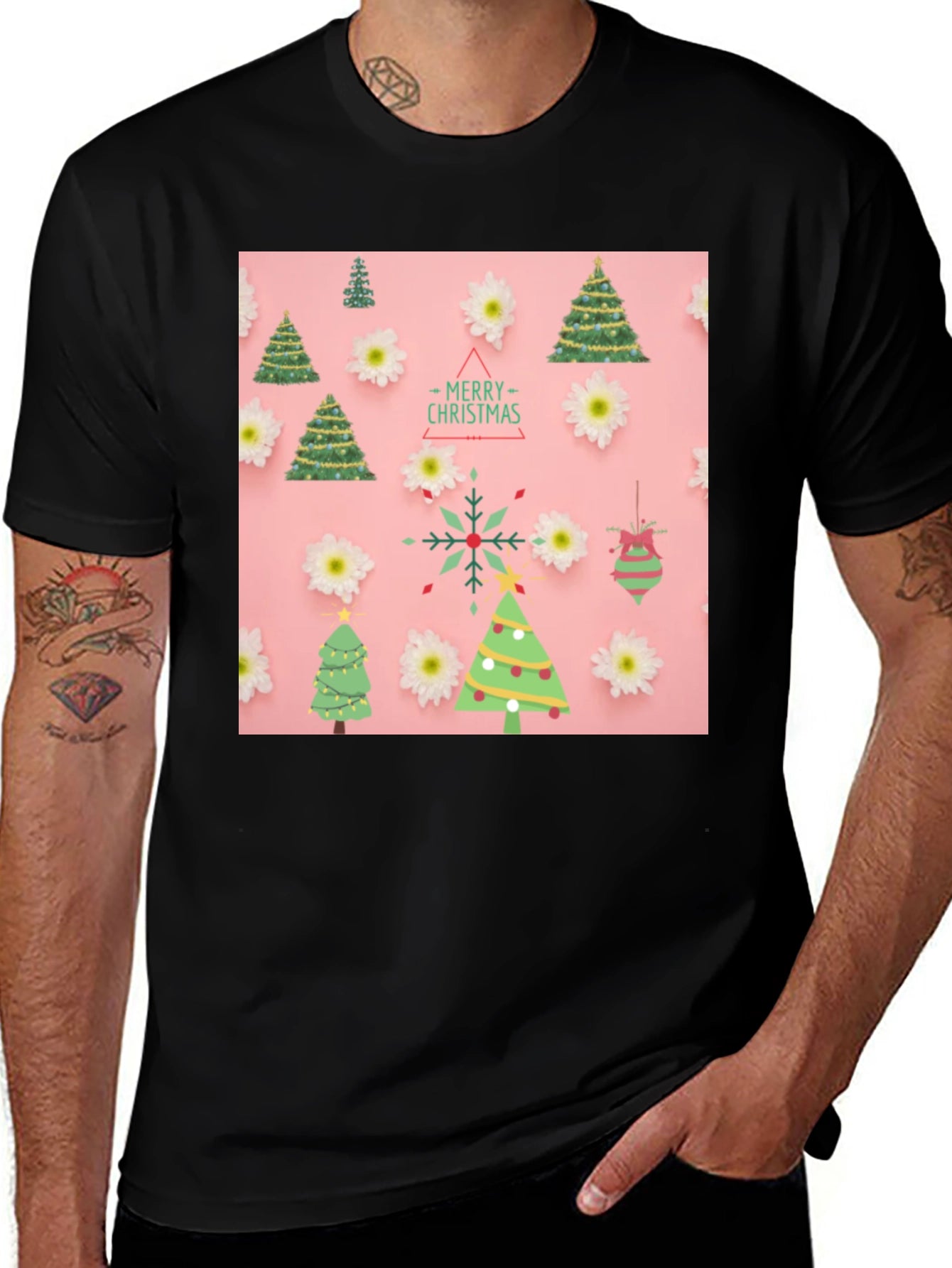 Christmas Tree Pattern Black T-Shirt