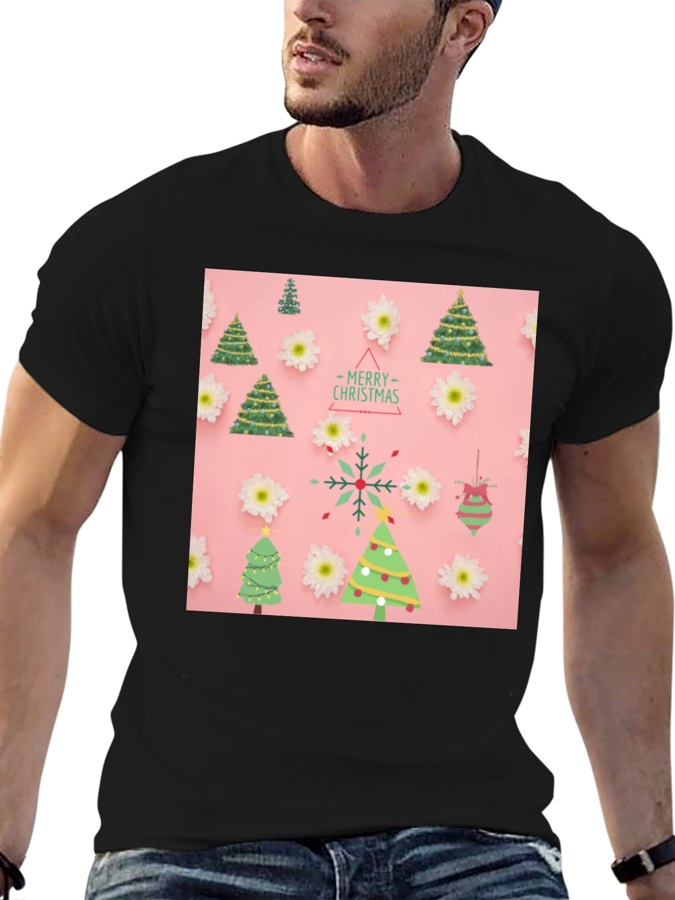 Christmas Tree Pattern Black T-Shirt