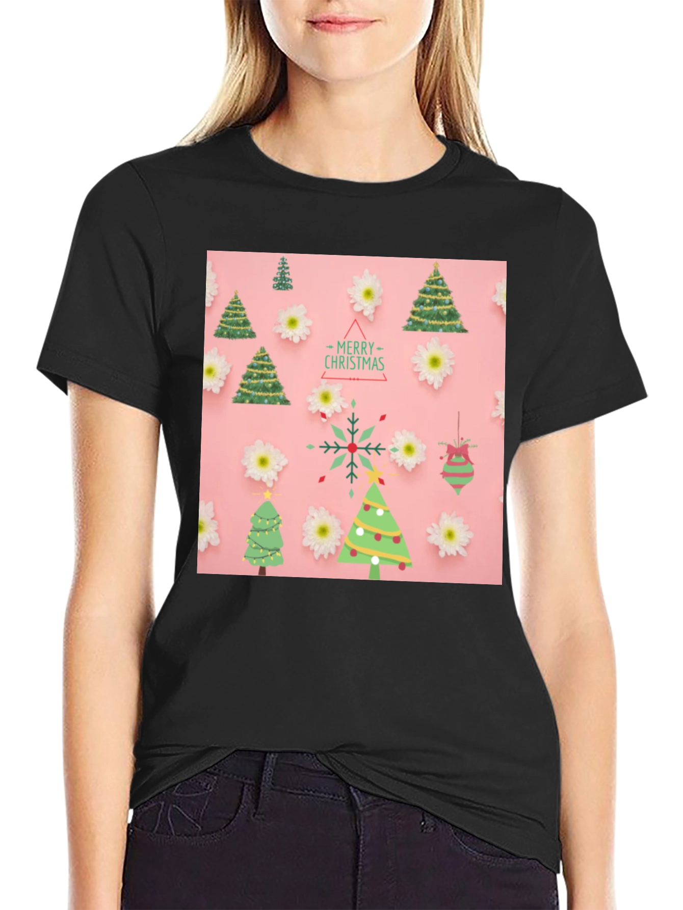 Christmas Tree Pattern Black T-Shirt