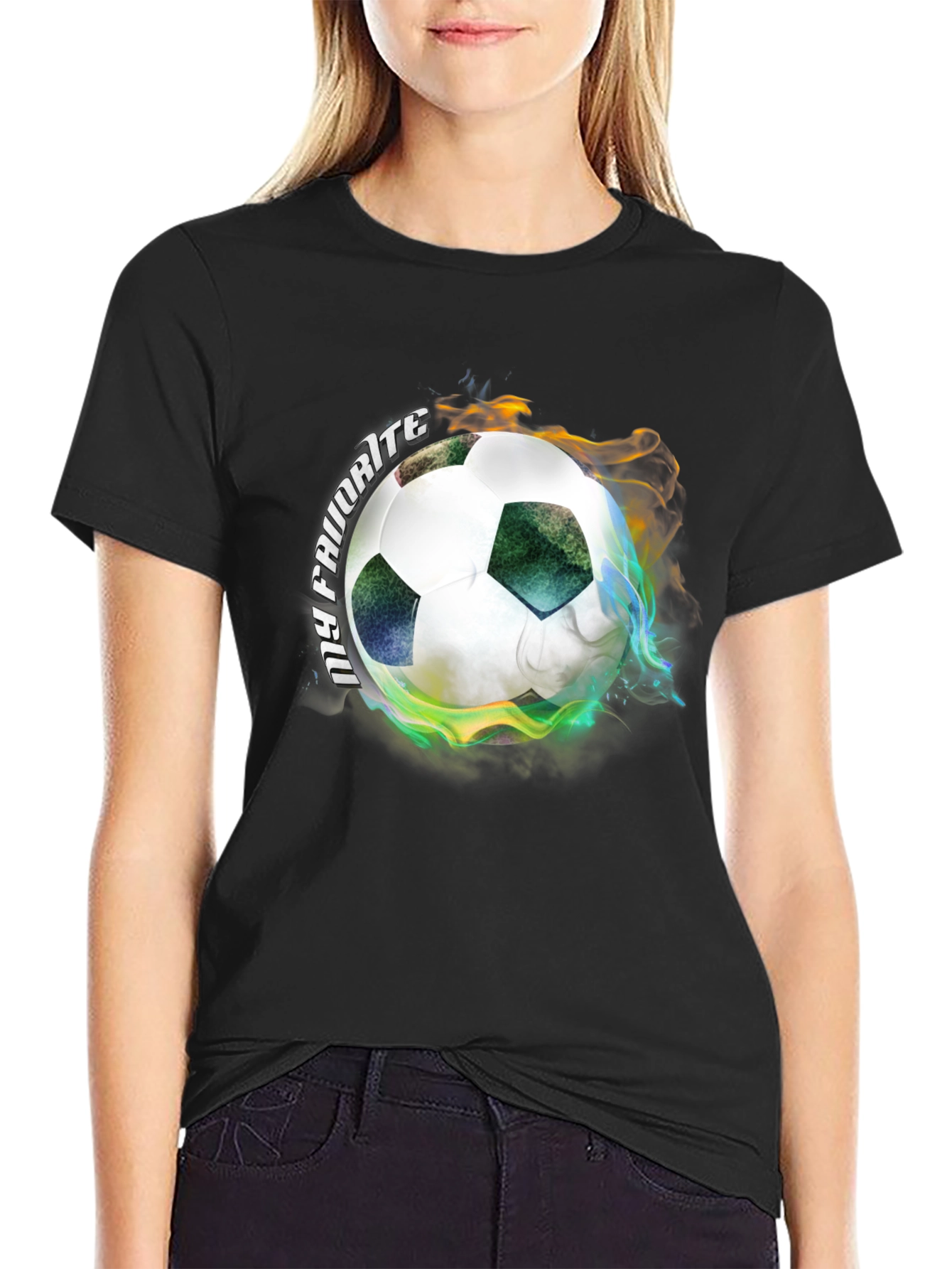 Fiery Soccer Ball Graphic Tee - Black Cotton T-Shirt