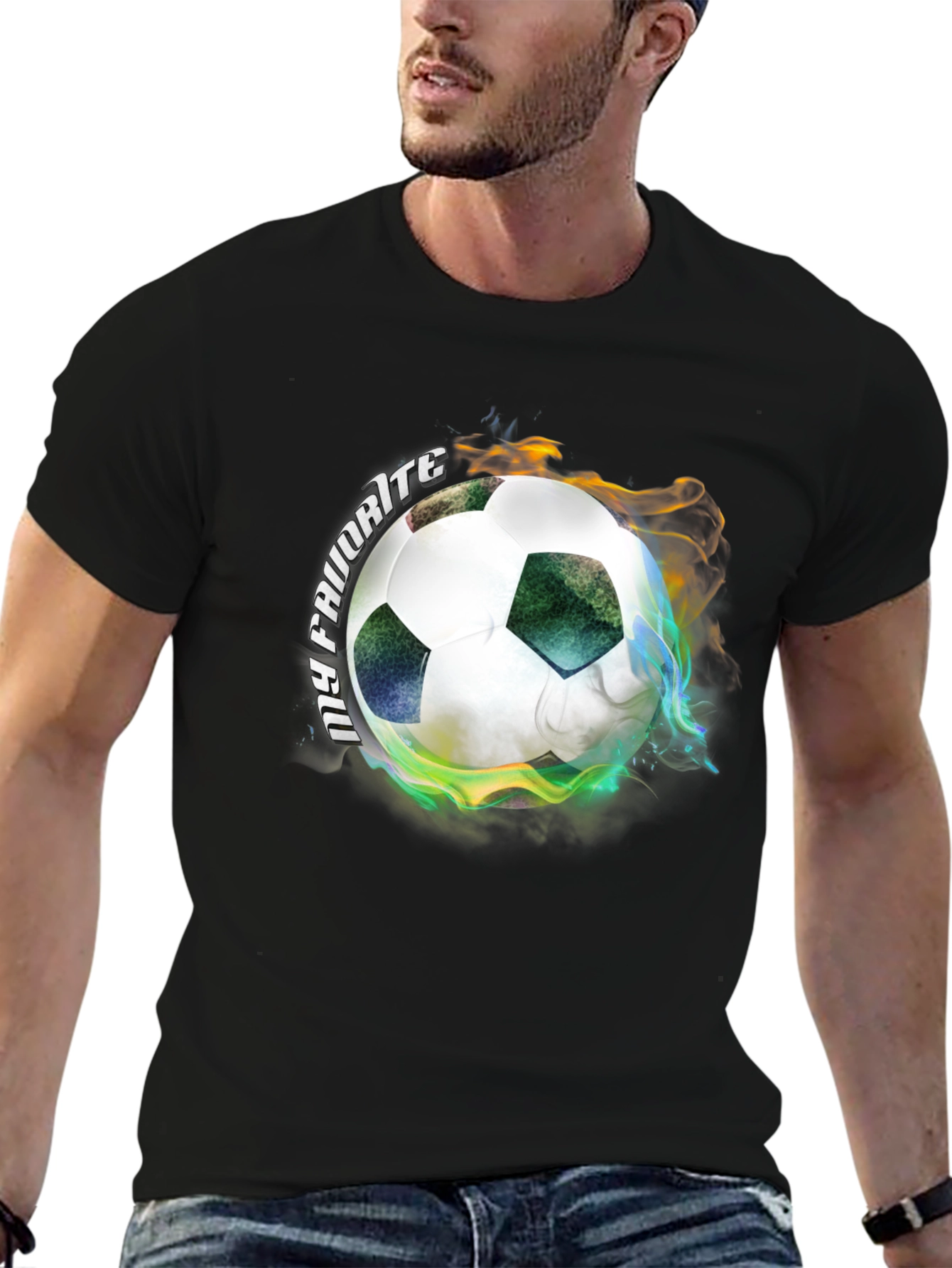 Fiery Soccer Ball Graphic Tee - Black Cotton T-Shirt