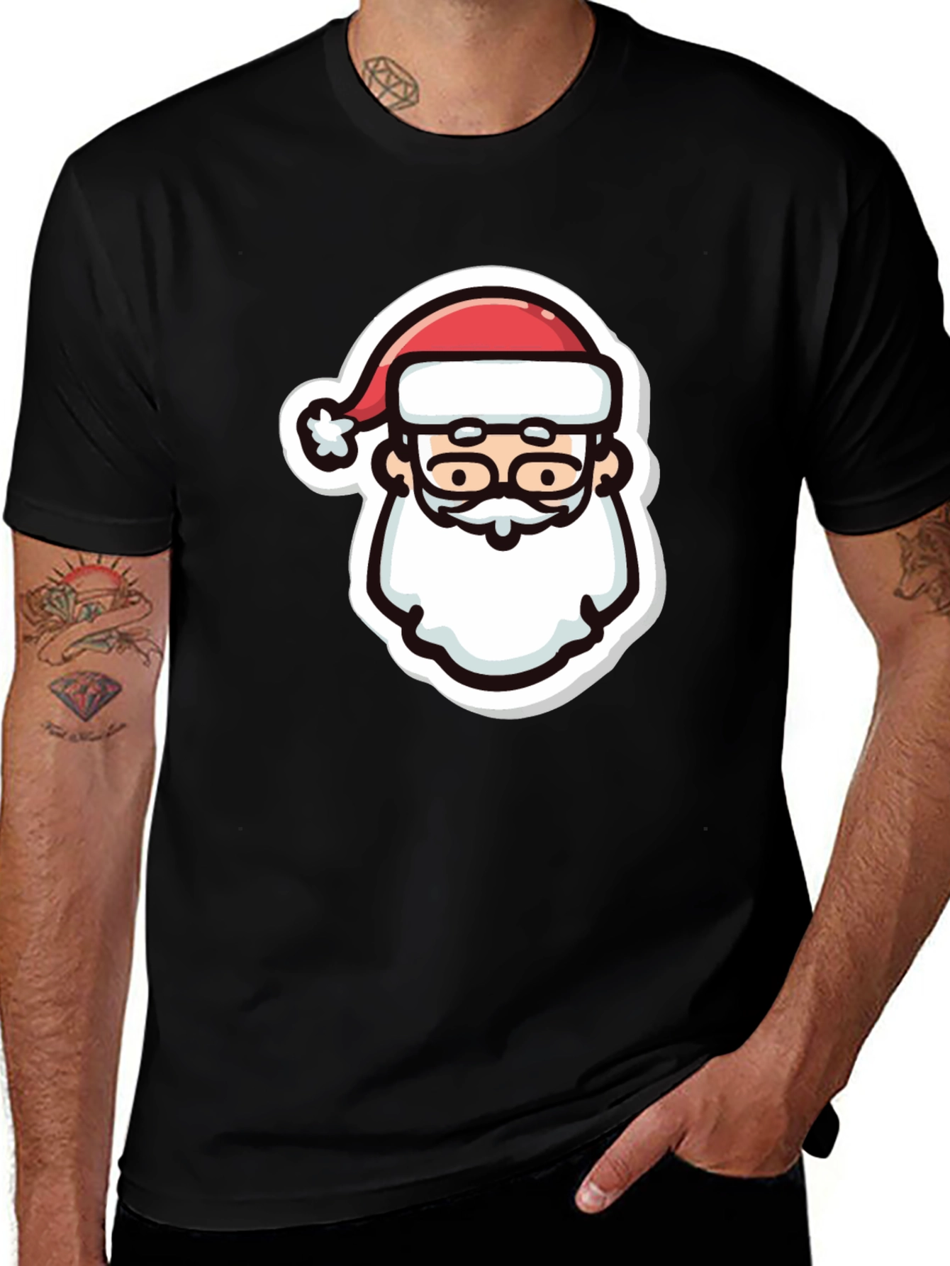 Festive Santa Graphic Tee - Black Cotton T-Shirt