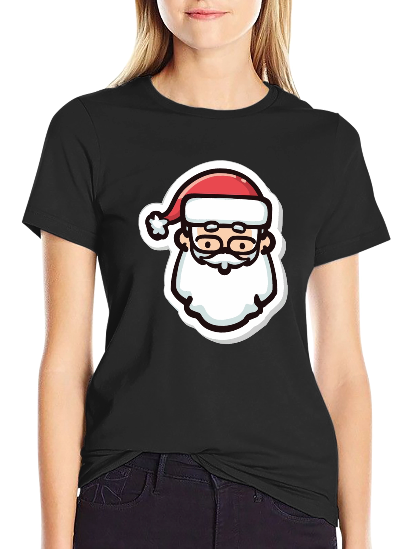 Festive Santa Graphic Tee - Black Cotton T-Shirt