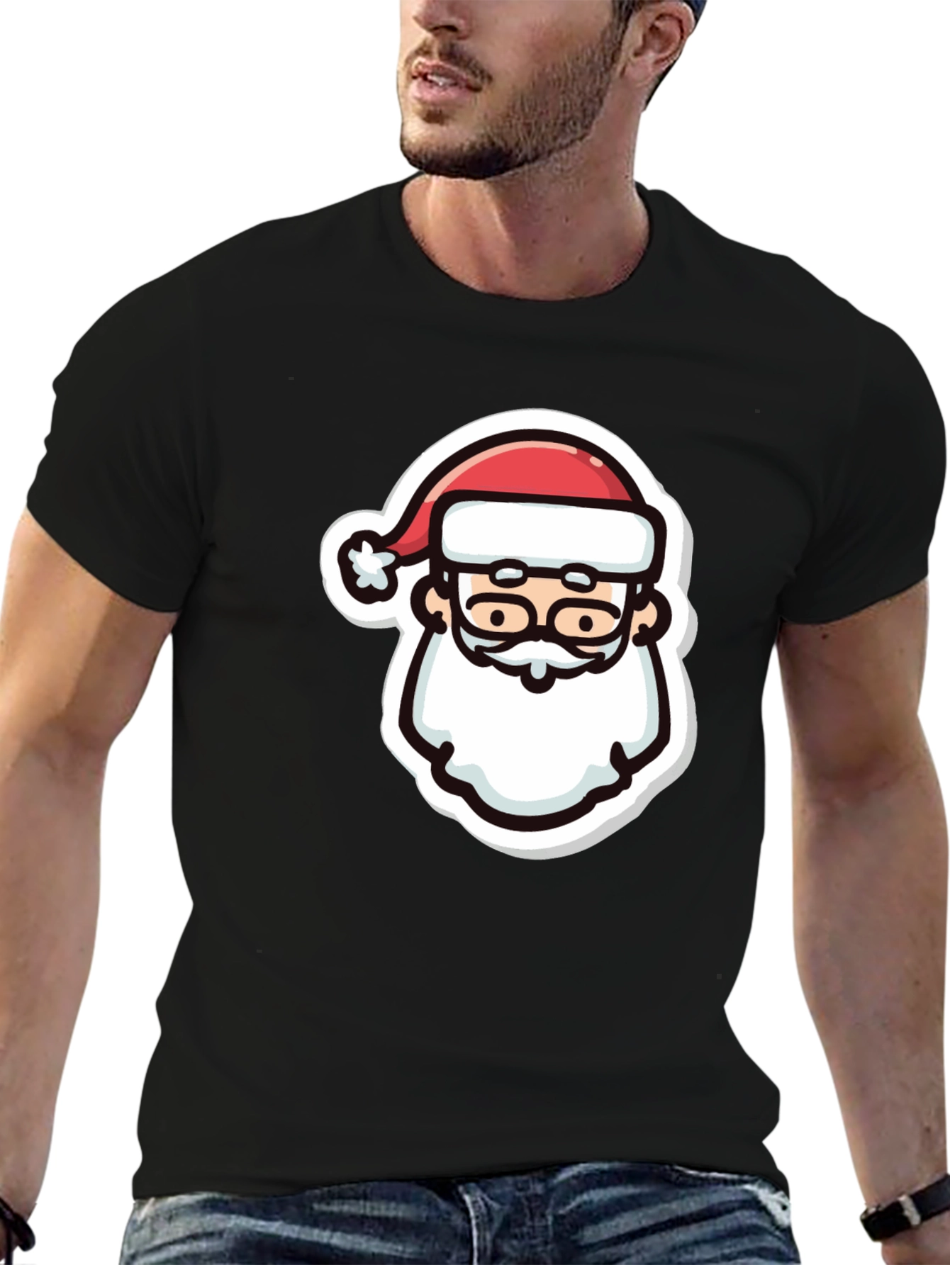 Festive Santa Graphic Tee - Black Cotton T-Shirt