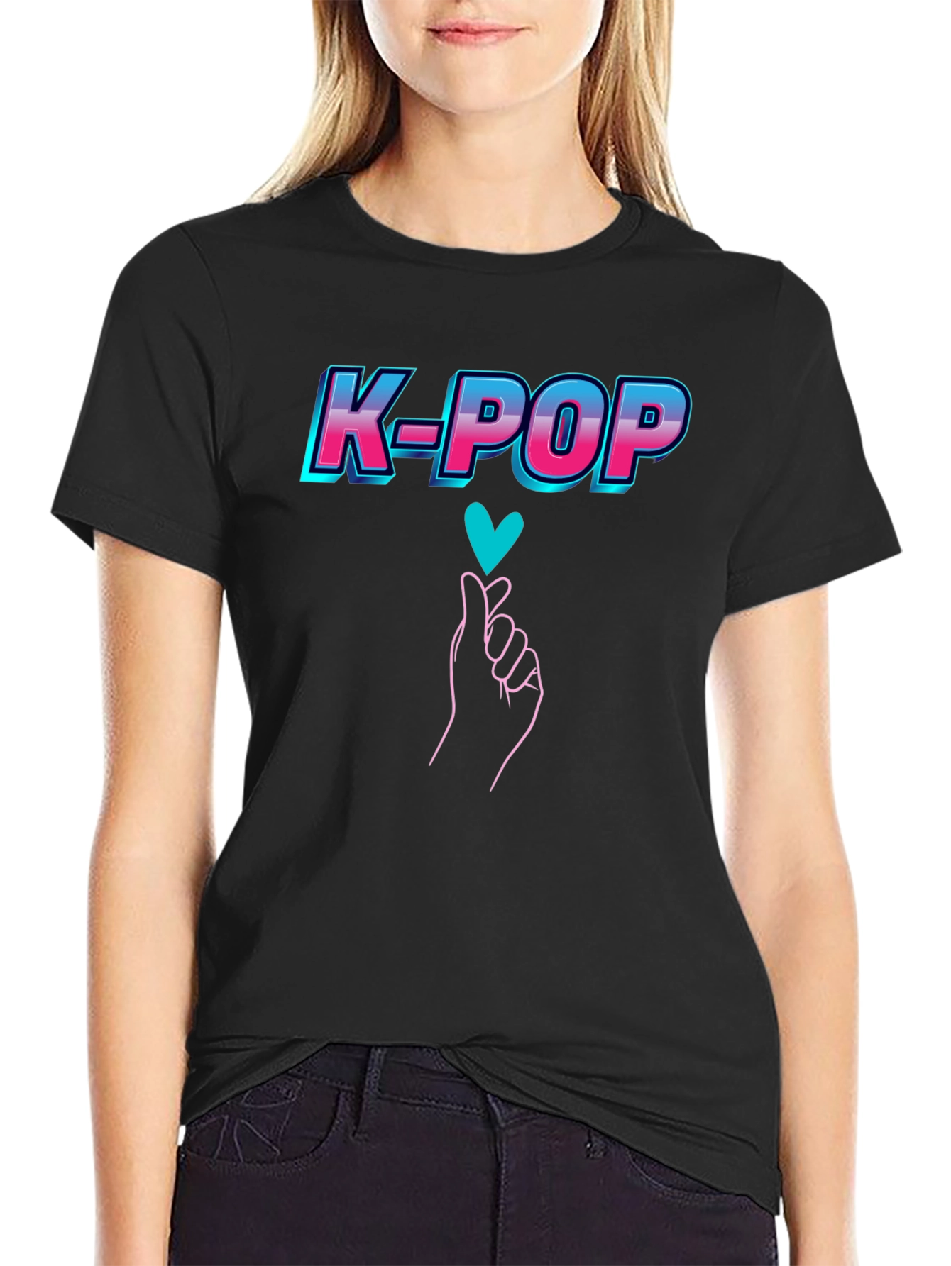 K-Pop Heart Gesture Graphic Tee - Black