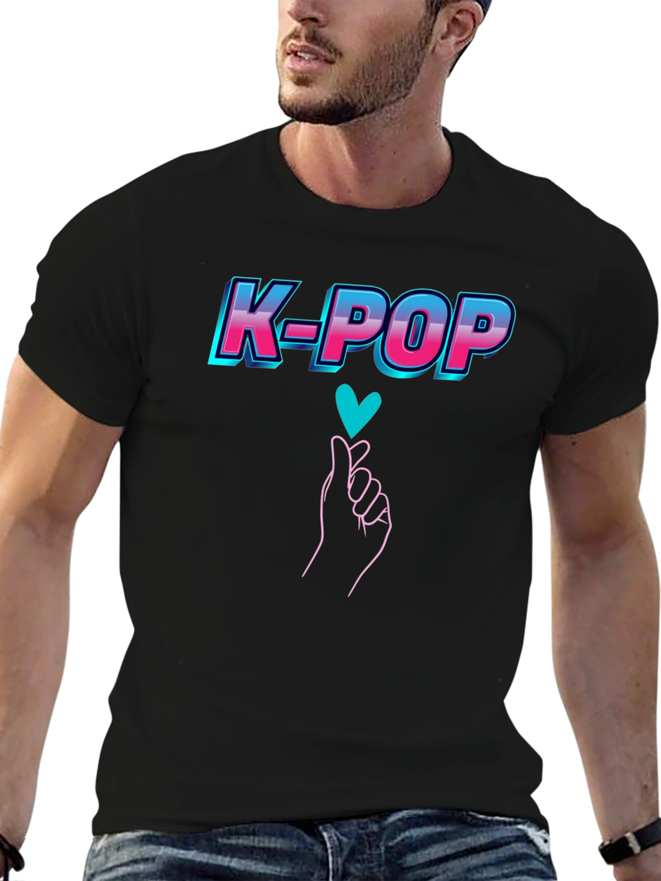 K-Pop Heart Gesture Graphic Tee - Black