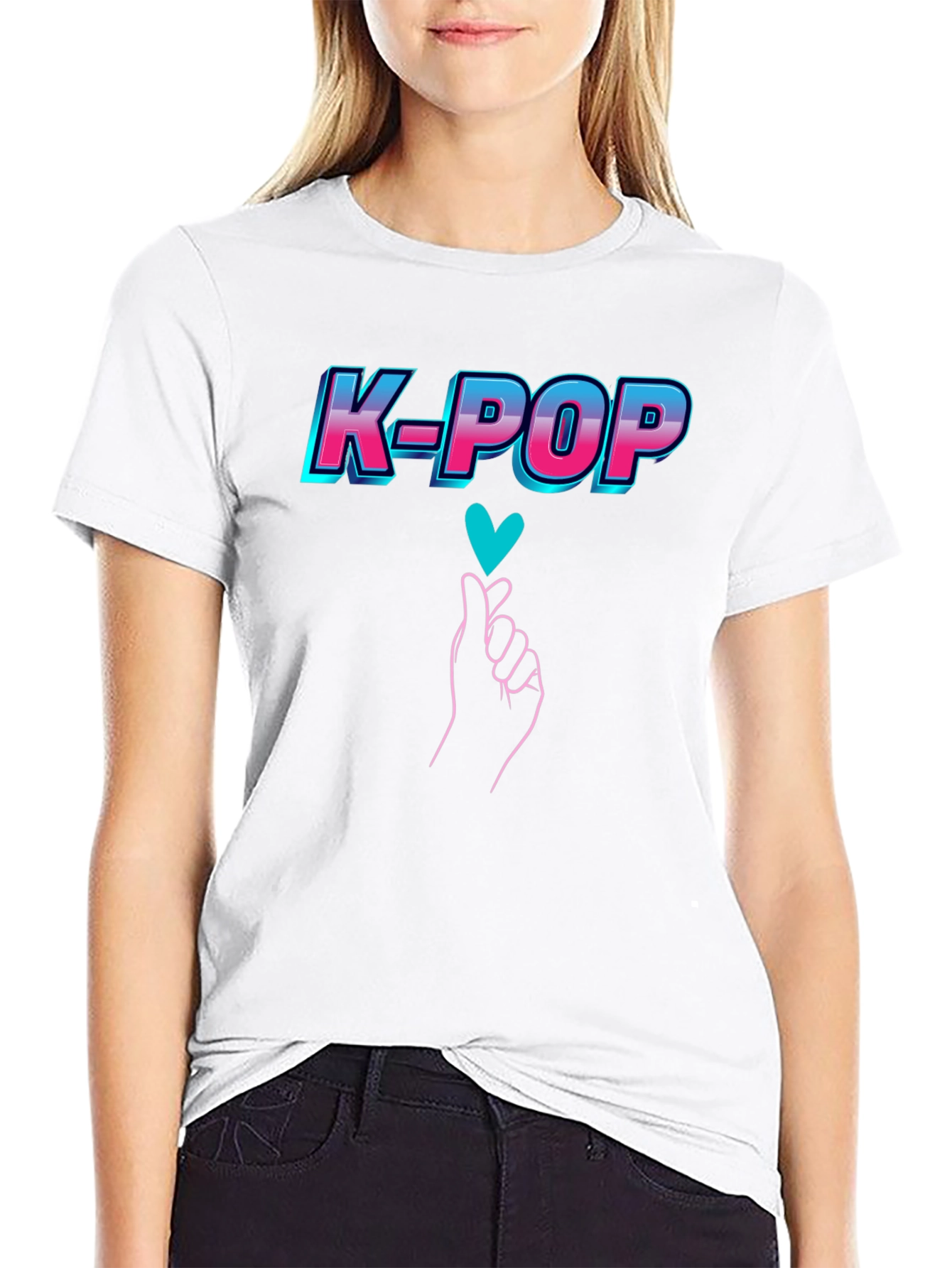 K-Pop Heart Gesture Graphic Tee - Black