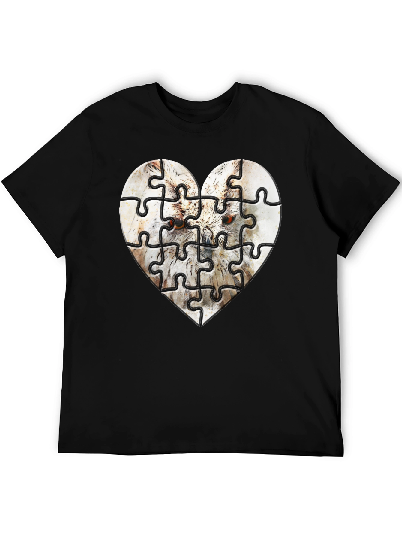 Heart Owl Puzzle Graphic Tee - Mens Black T-Shirt