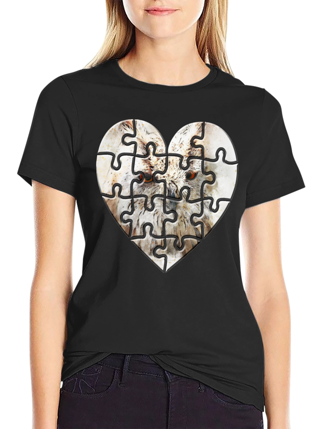 Heart Owl Puzzle Graphic Tee - Mens Black T-Shirt