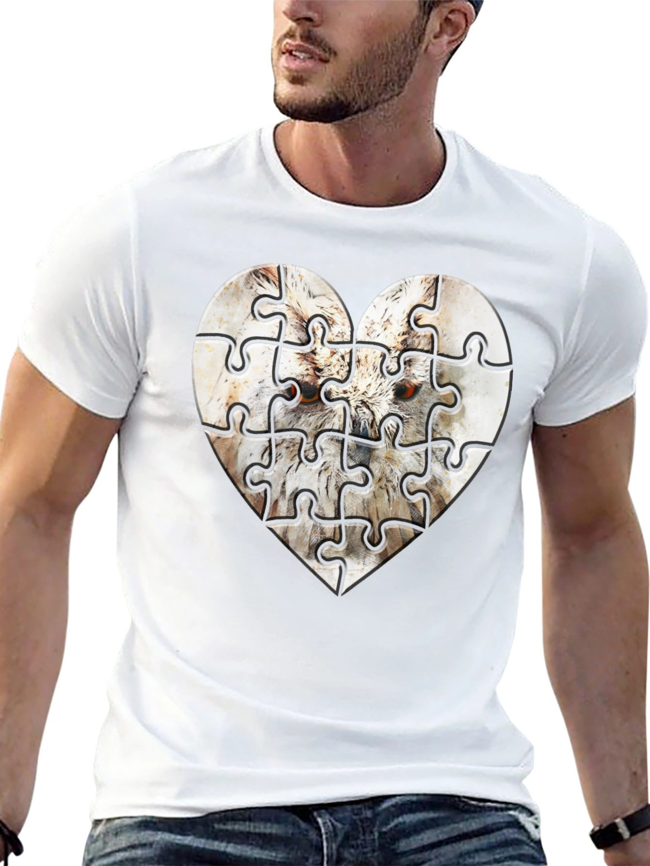 Heart Owl Puzzle Graphic Tee - Mens Black T-Shirt
