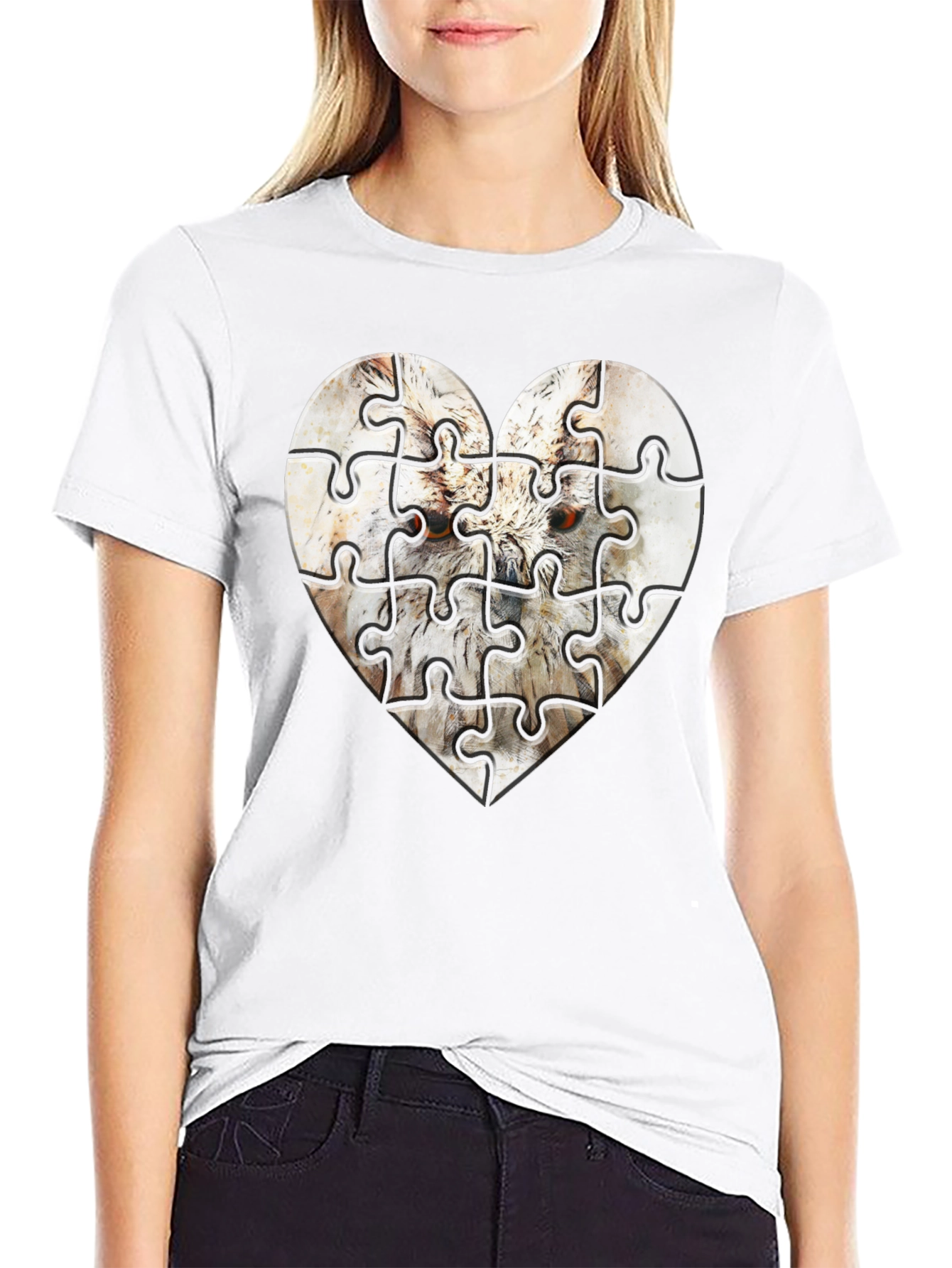 Heart Owl Puzzle Graphic Tee - Mens Black T-Shirt