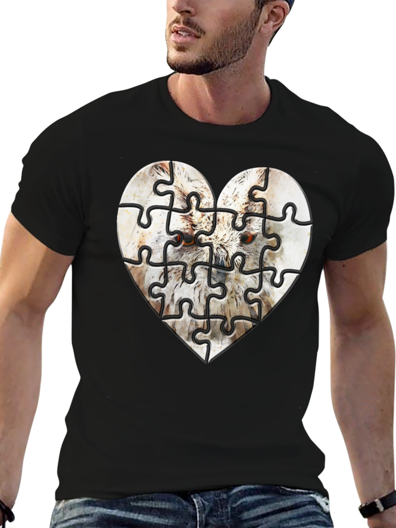 Heart Owl Puzzle Graphic Tee - Mens Black T-Shirt