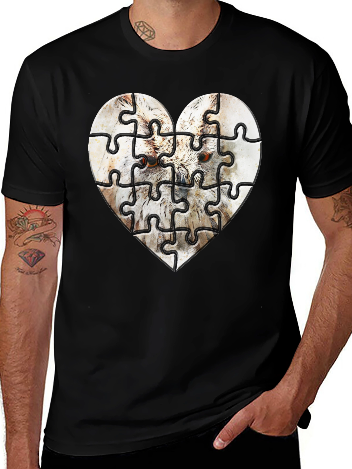 Heart Owl Puzzle Graphic Tee - Mens Black T-Shirt