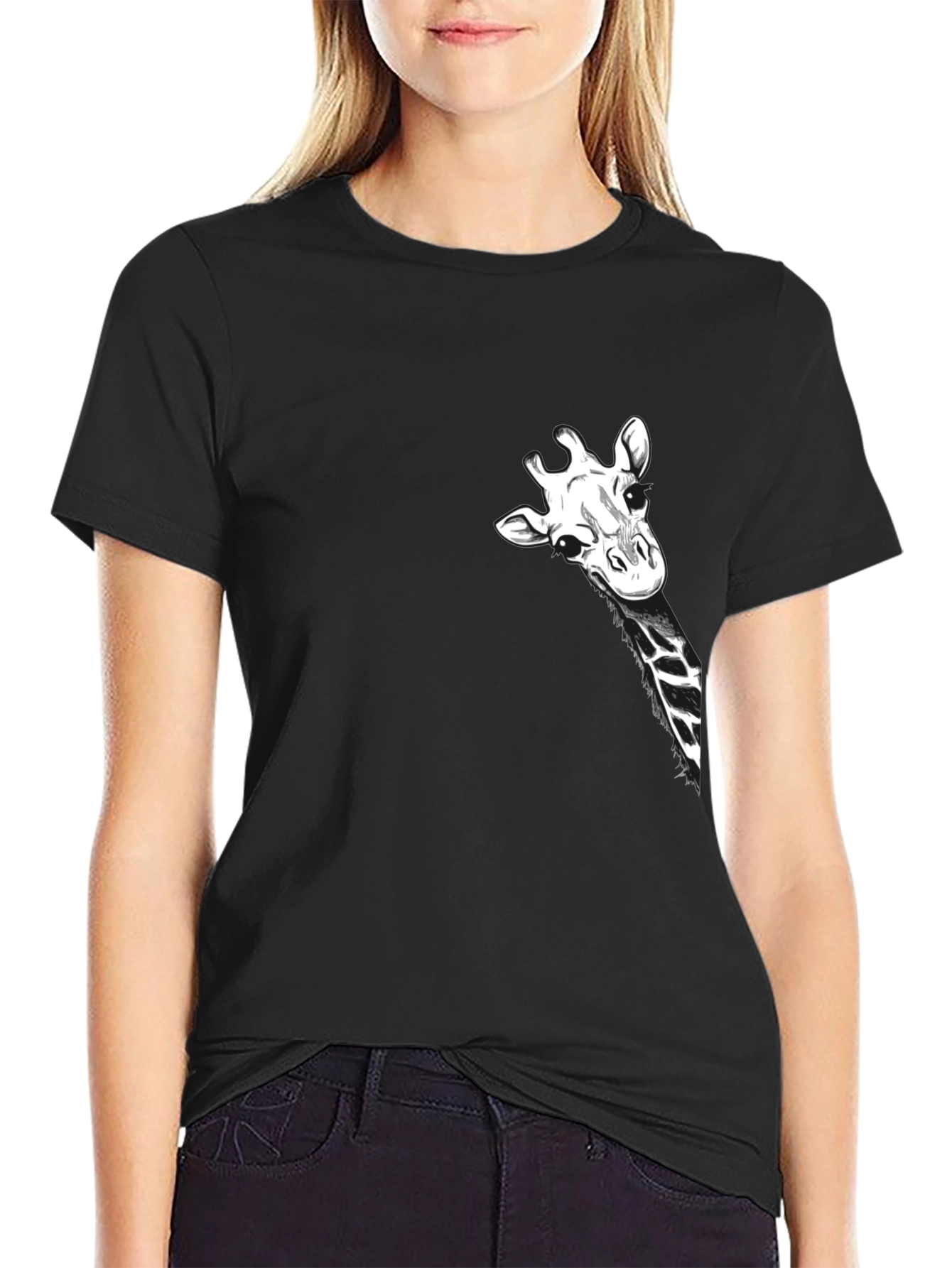 Giraffe Peek Pocket Black T-Shirt - Novelty Tee