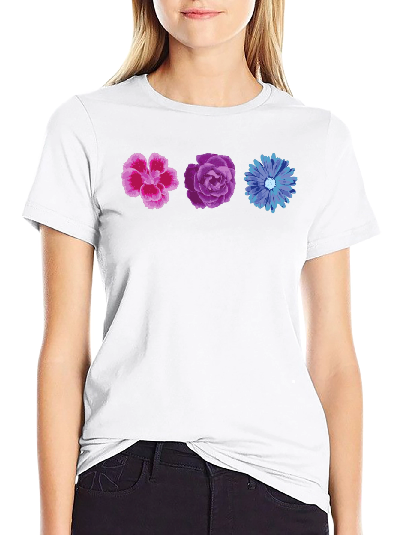 Floral T-Shirt - Pink Purple and Blue Flowers