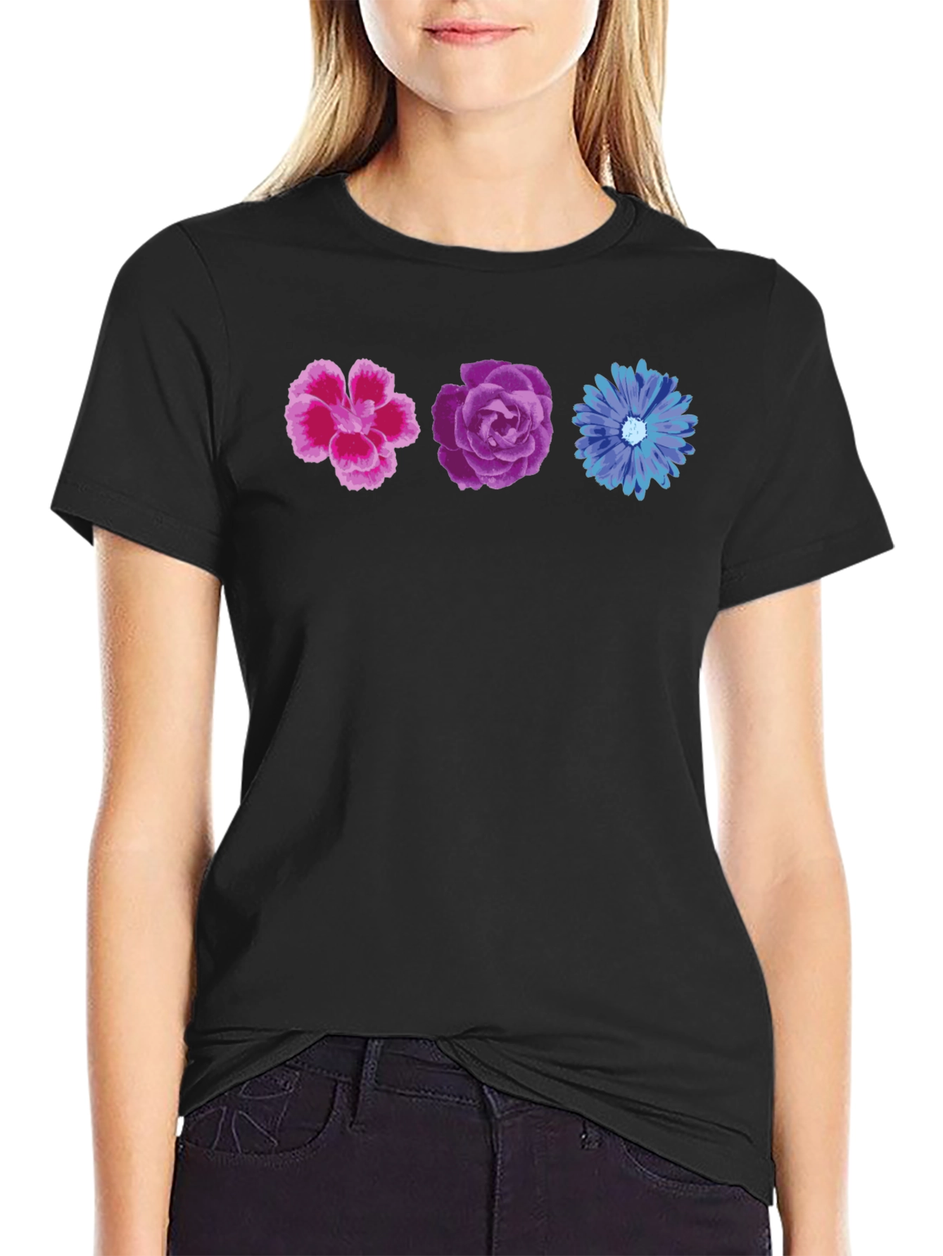 Floral T-Shirt - Pink Purple and Blue Flowers