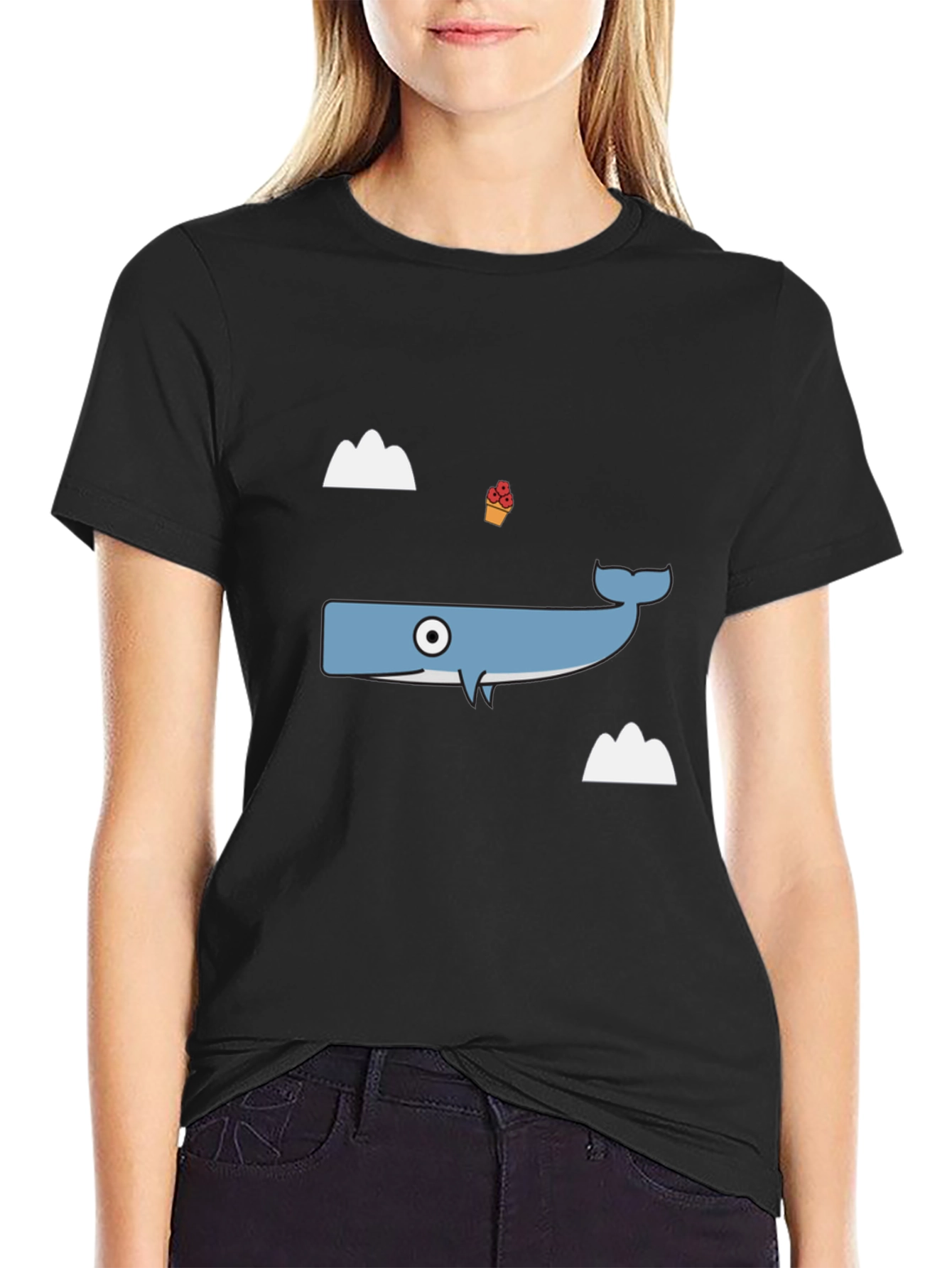 Whimsical Whale Graphic Tee - Black Cotton