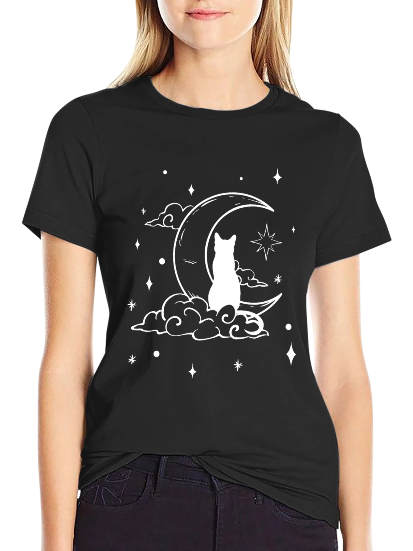 Cat on Moon T-Shirt - Black Graphic Tee