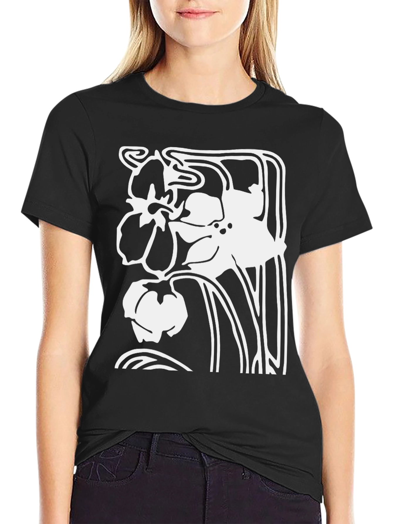 Floral Art Nouveau Black T-Shirt