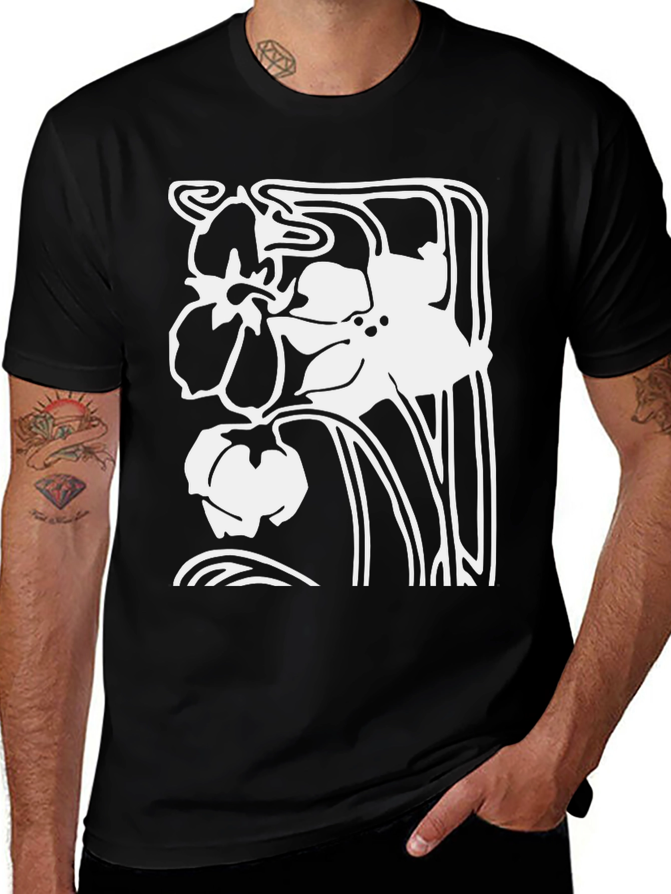 Floral Art Nouveau Black T-Shirt