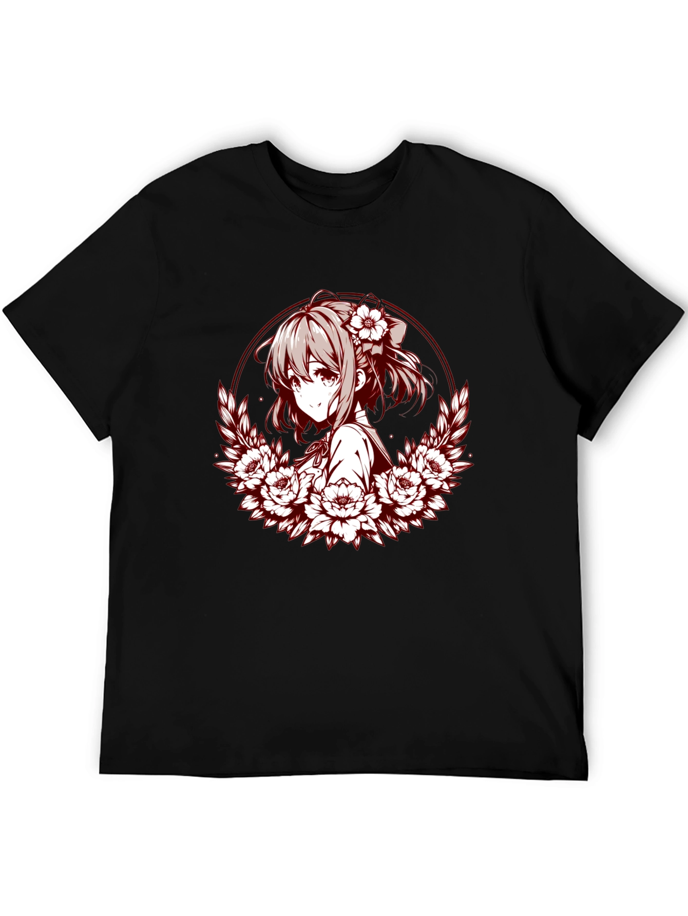 Anime Girl Floral Wreath Graphic T-Shirt