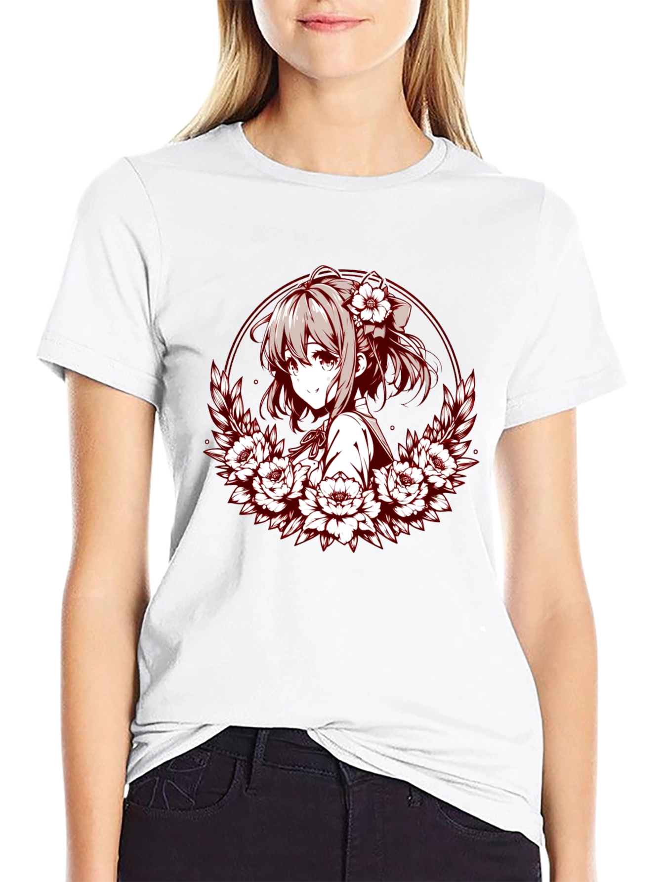 Anime Girl Floral Wreath Graphic T-Shirt