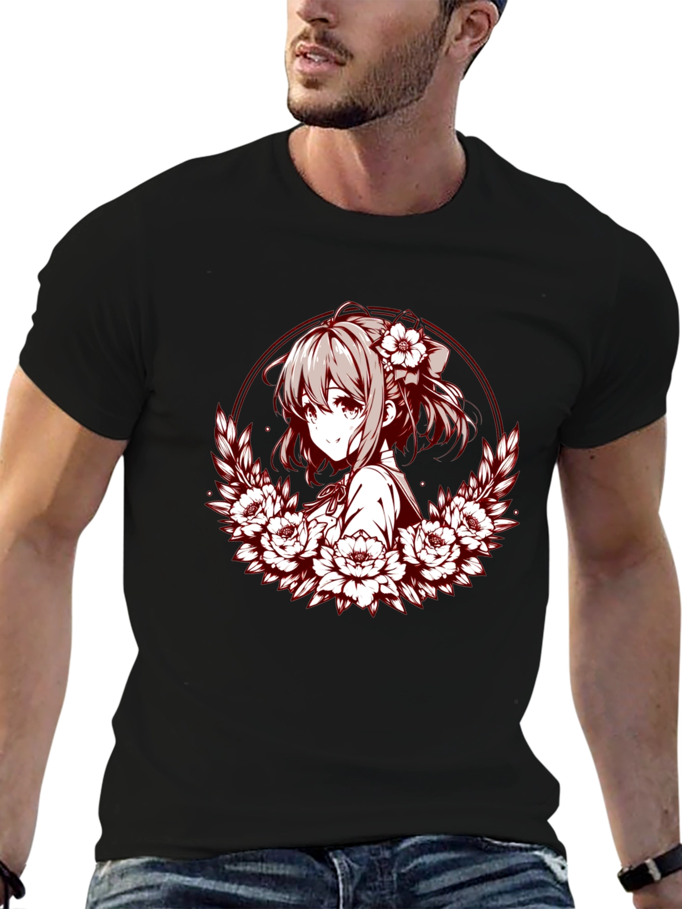 Anime Girl Floral Wreath Graphic T-Shirt