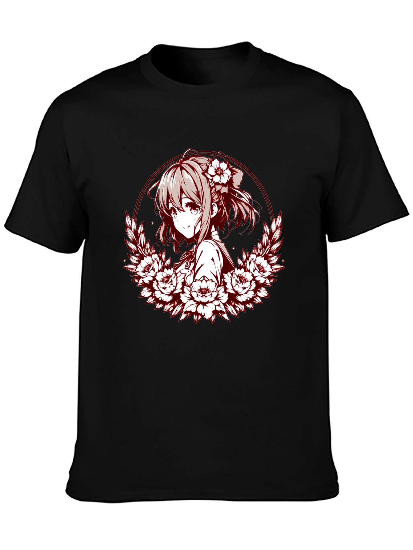 Anime Girl Floral Wreath Graphic T-Shirt