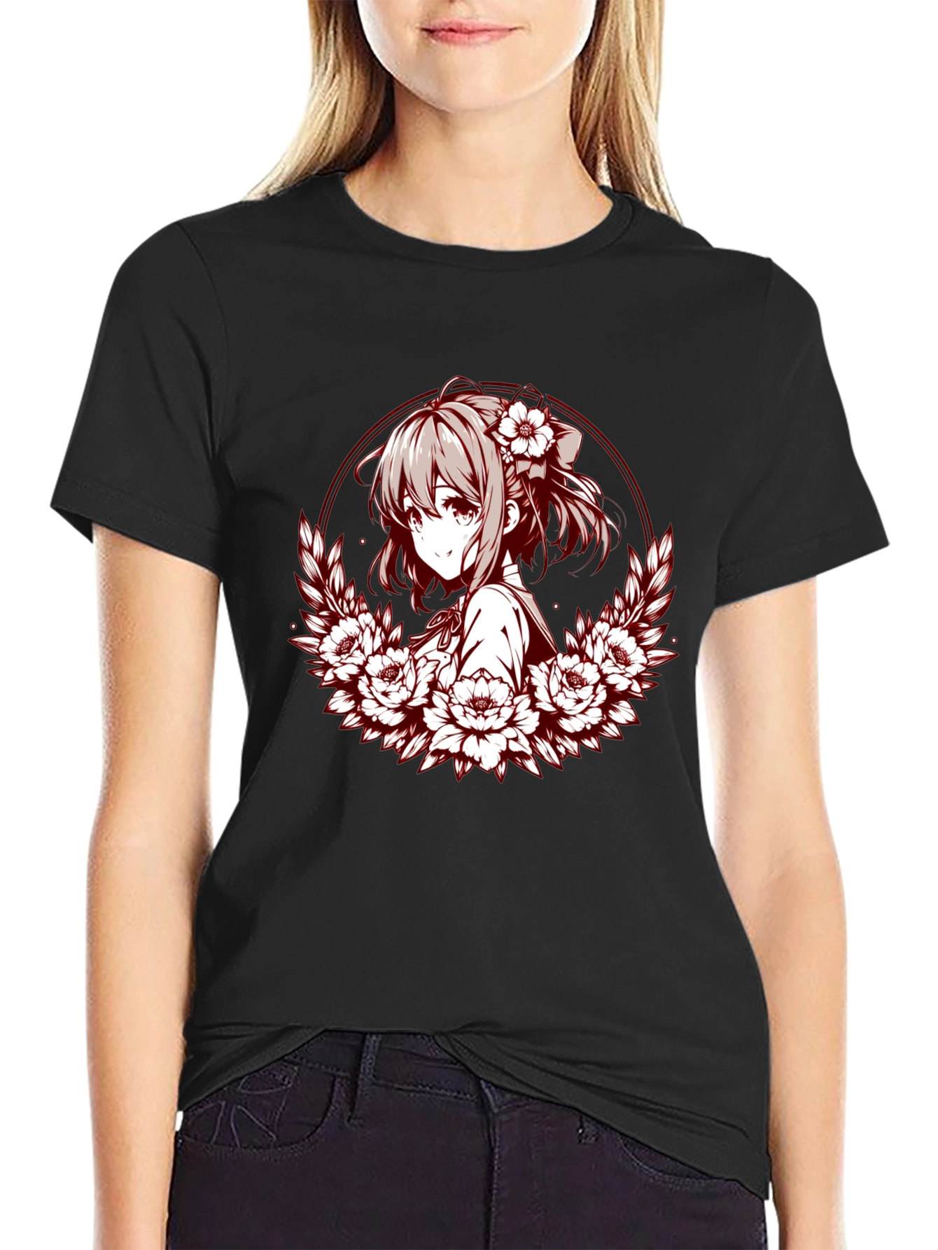 Anime Girl Floral Wreath Graphic T-Shirt