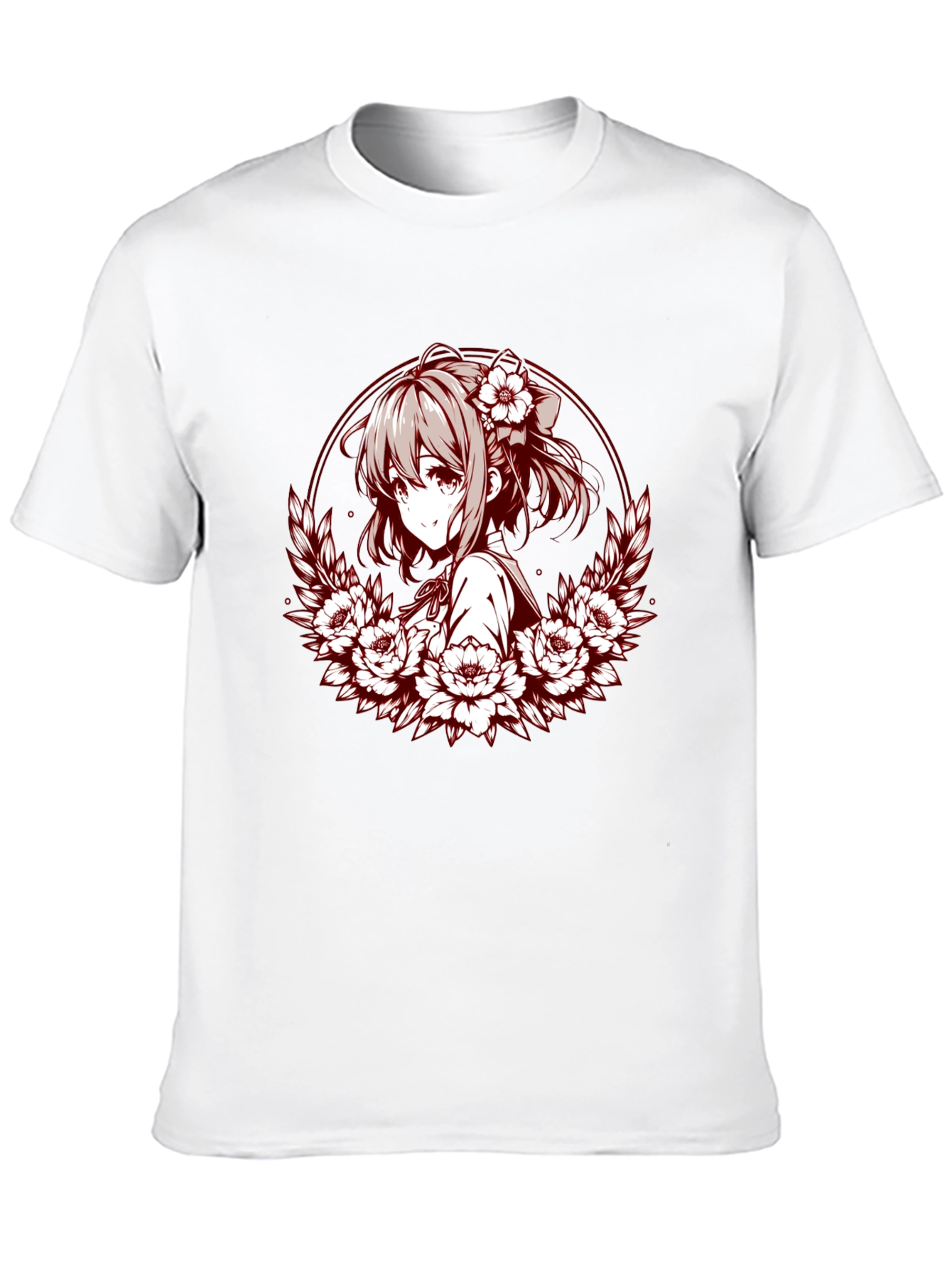 Anime Girl Floral Wreath Graphic T-Shirt