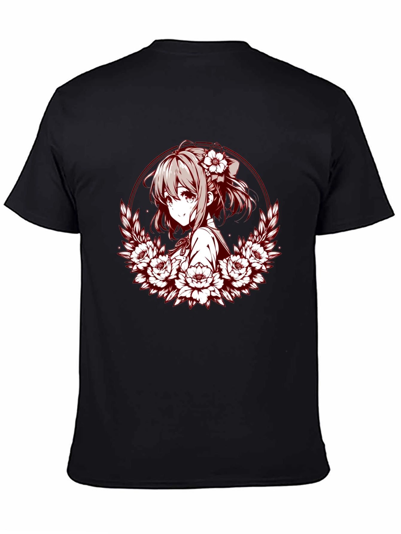 Anime Girl Floral Wreath Graphic T-Shirt