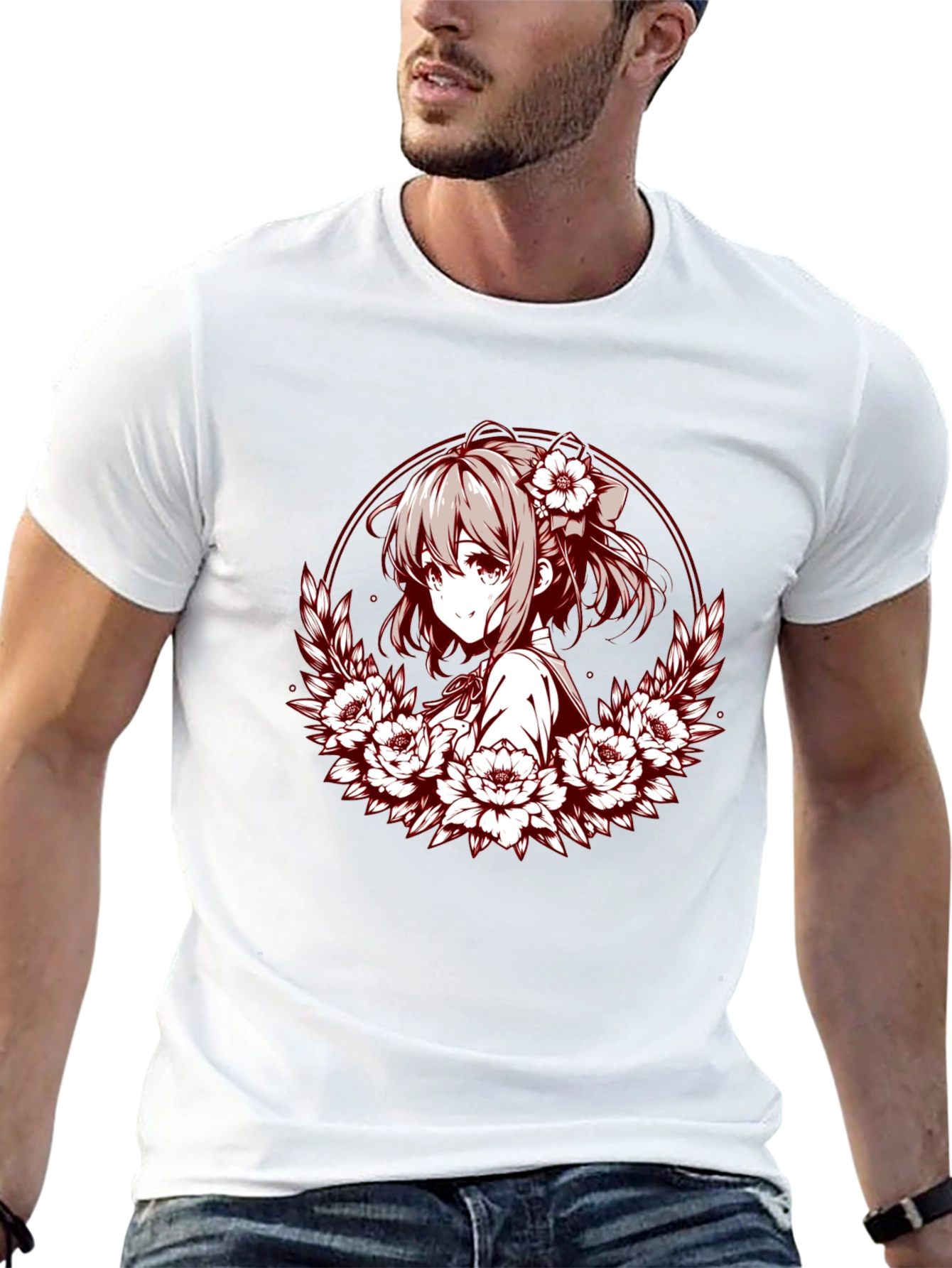 Anime Girl Floral Wreath Graphic T-Shirt
