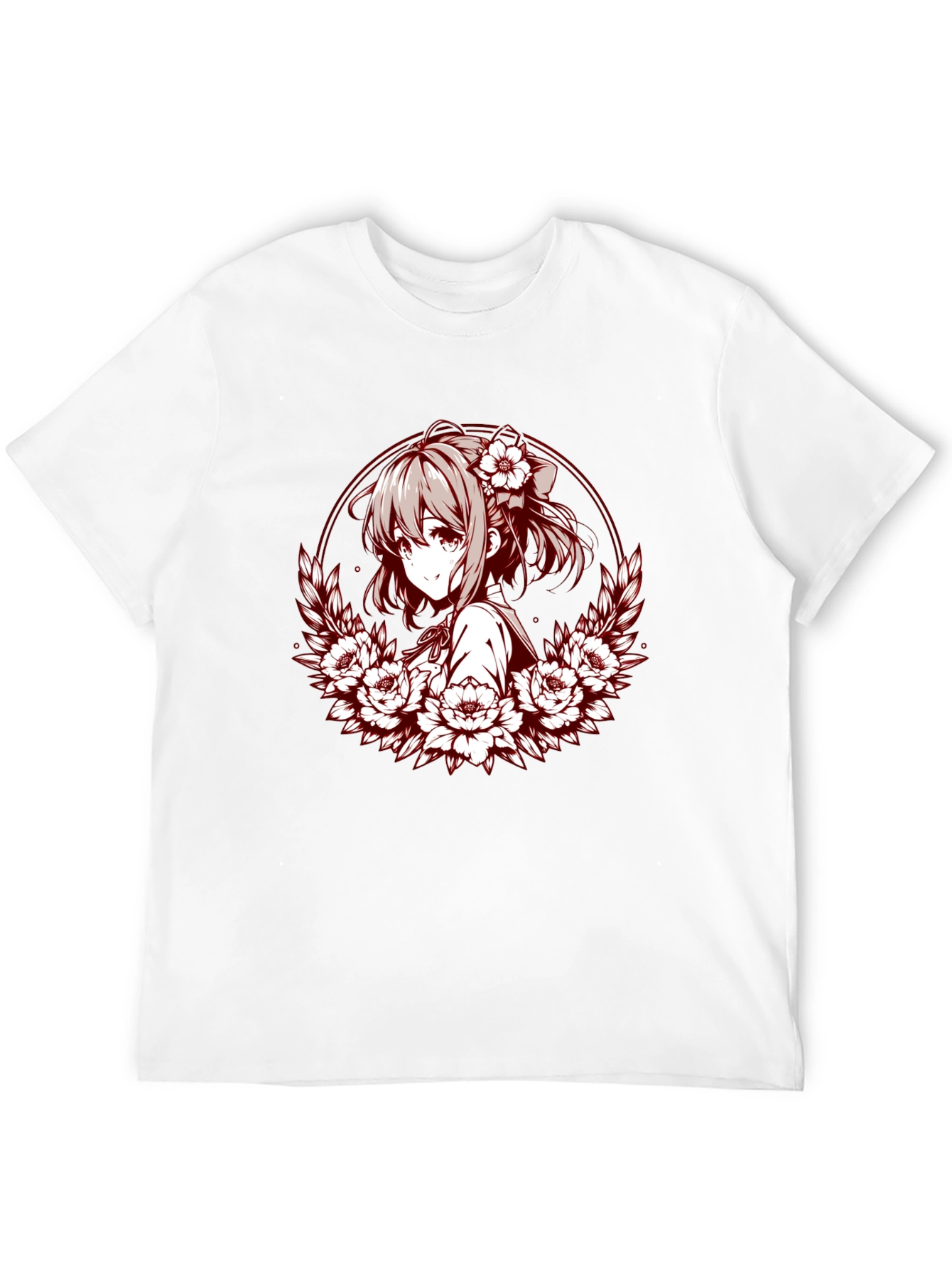 Anime Girl Floral Wreath Graphic T-Shirt